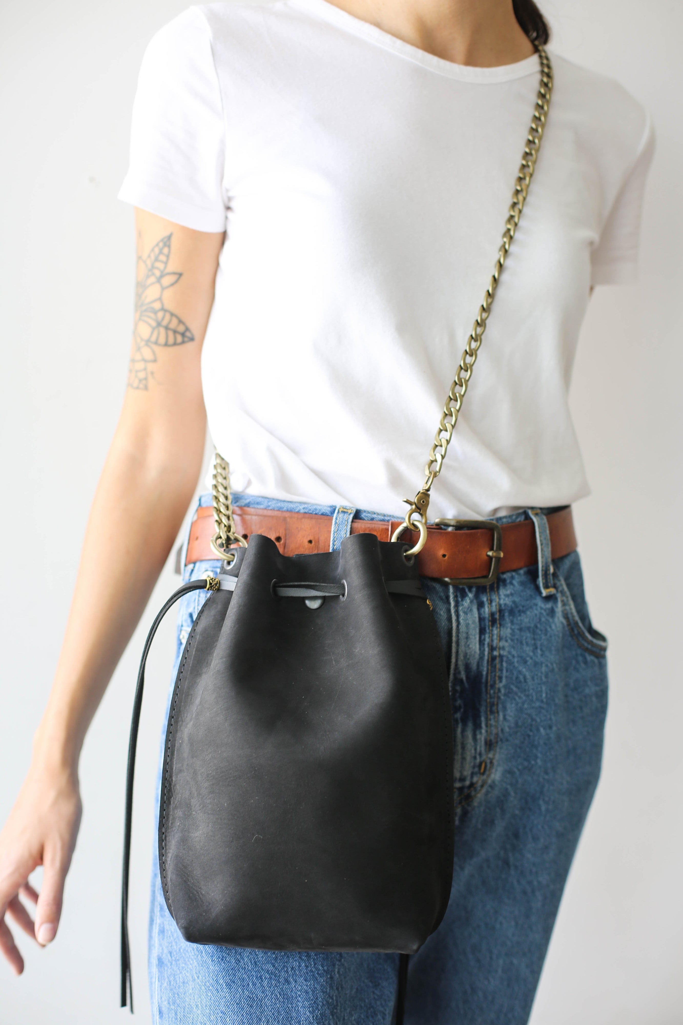 black leather bucket bag