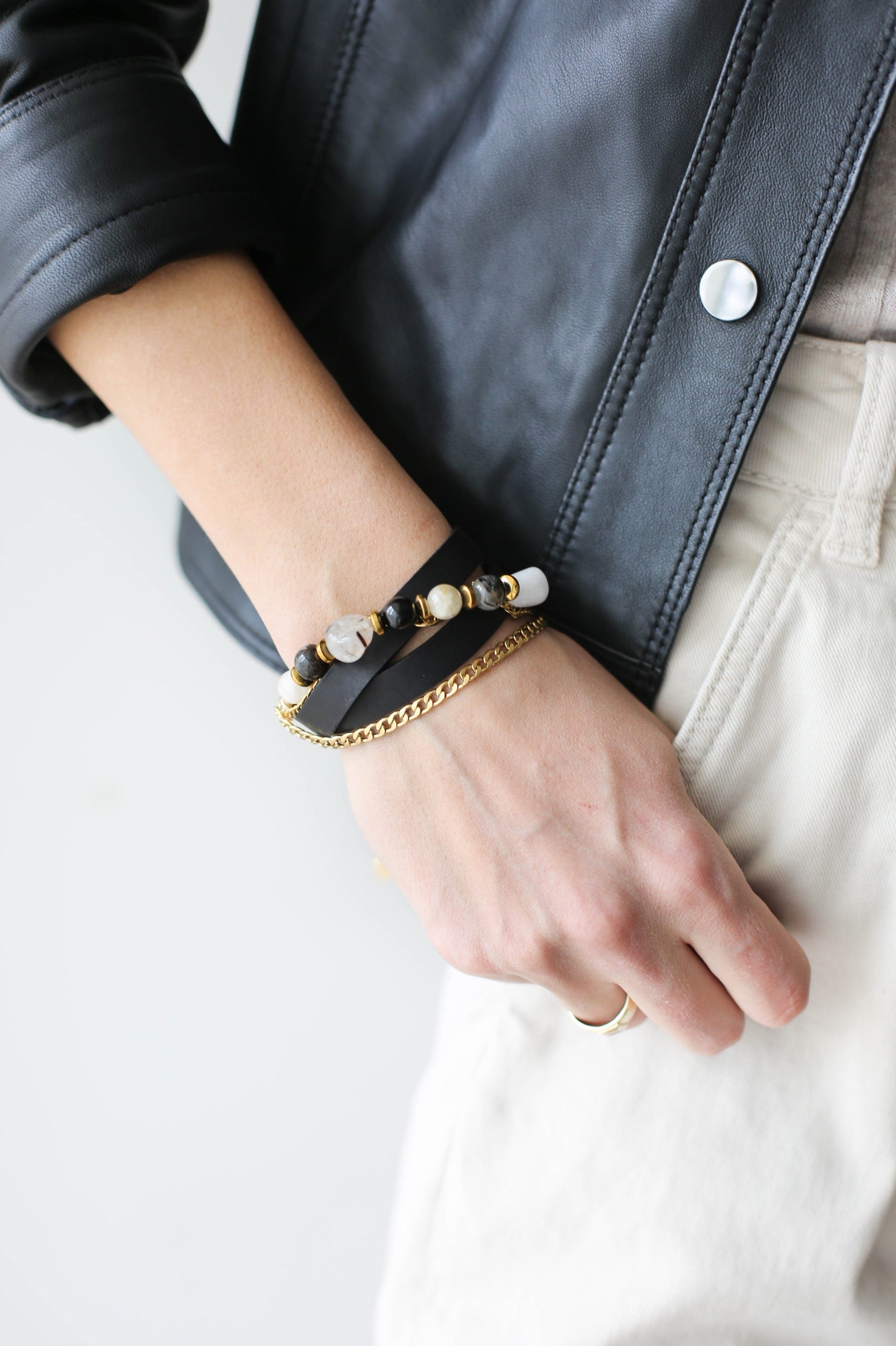 Black Leather Wrap Bracelet for Women X-Small ( 5.5 Wrist)