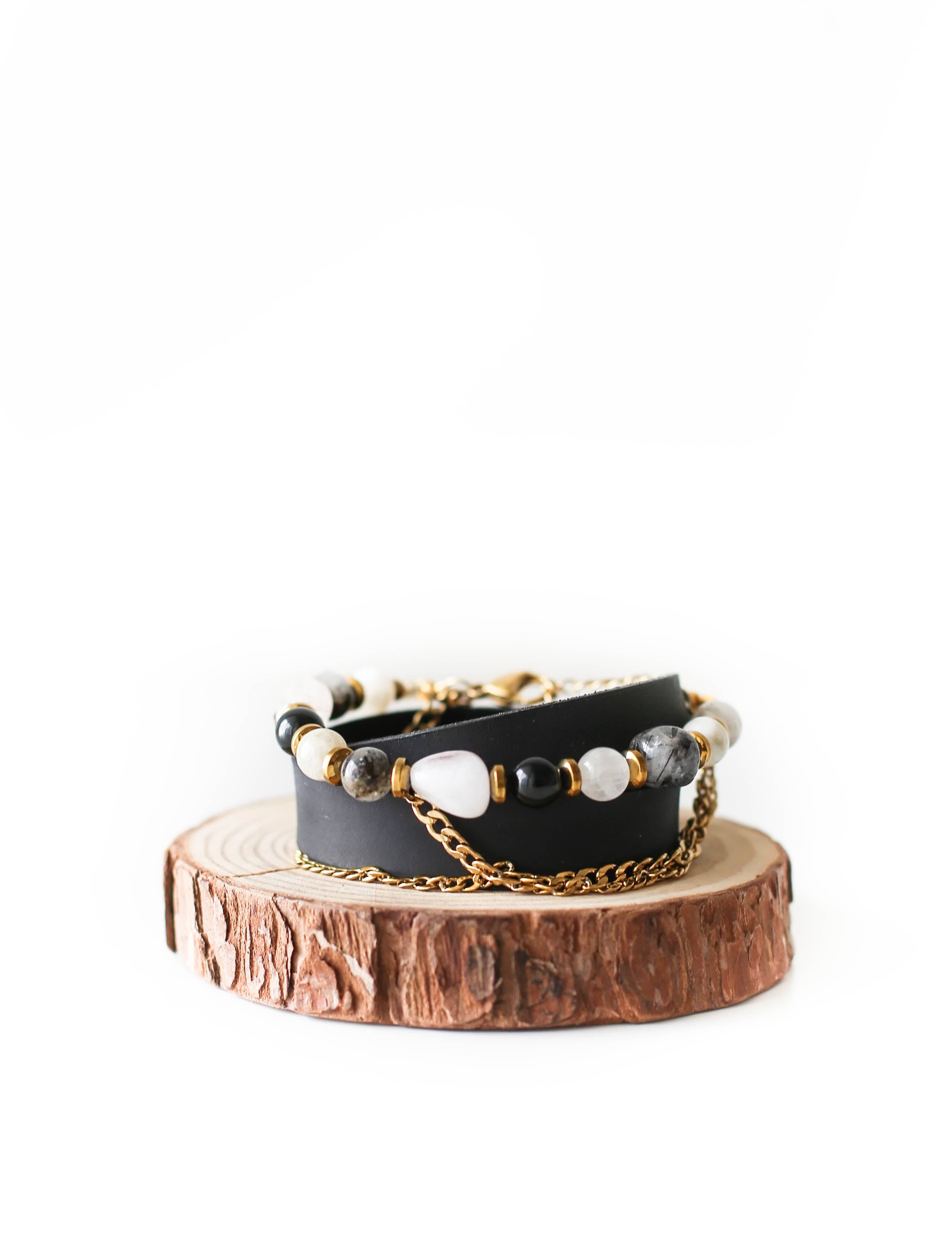 black and white leather wrap bracelet