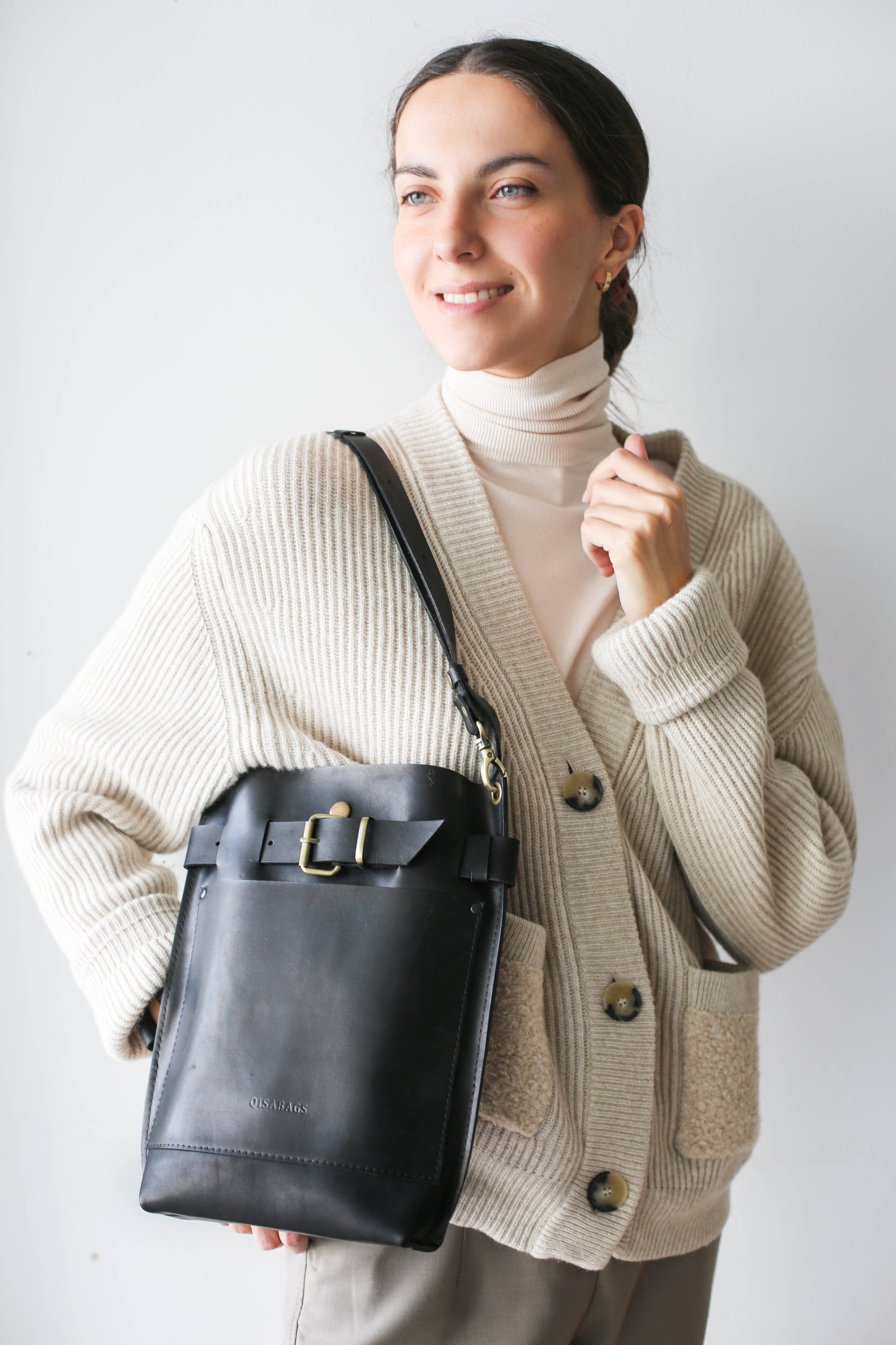 Black Leather Shoulder Bag for Women