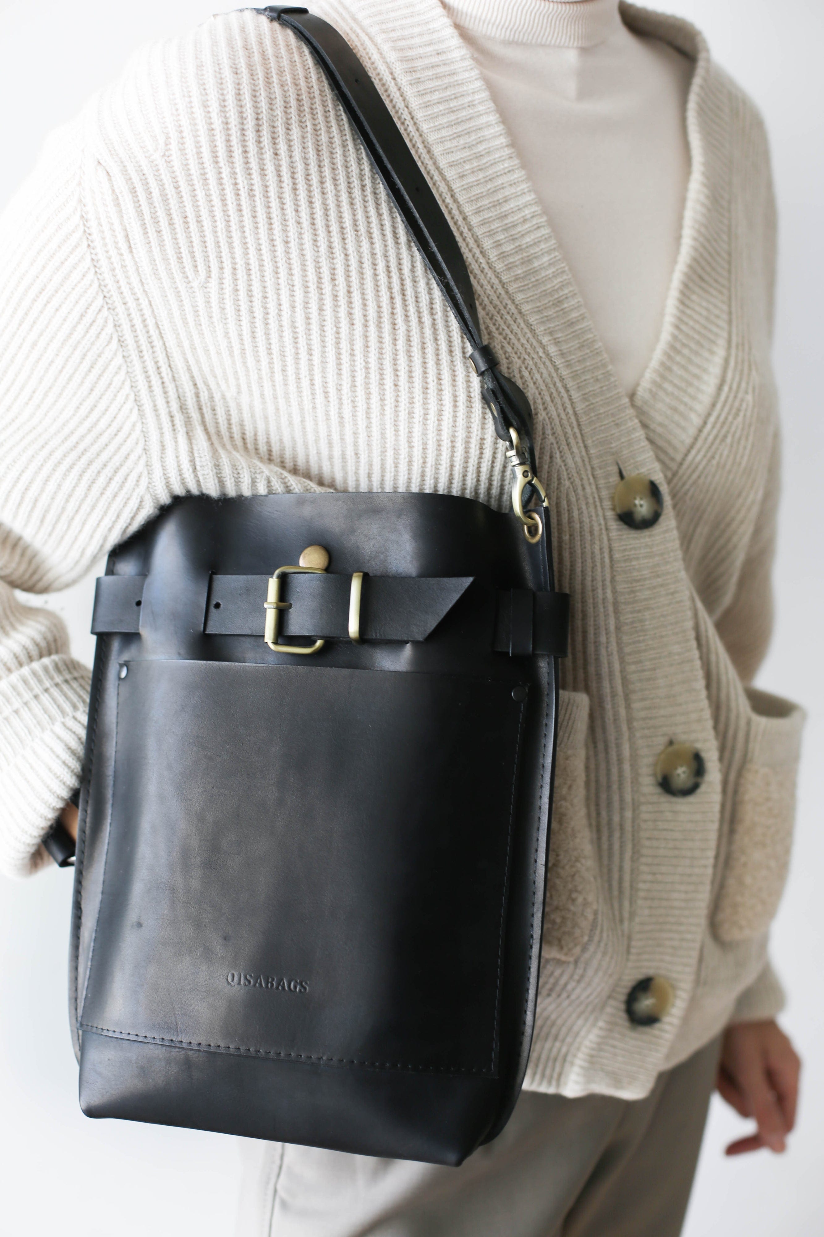 black leather handbag