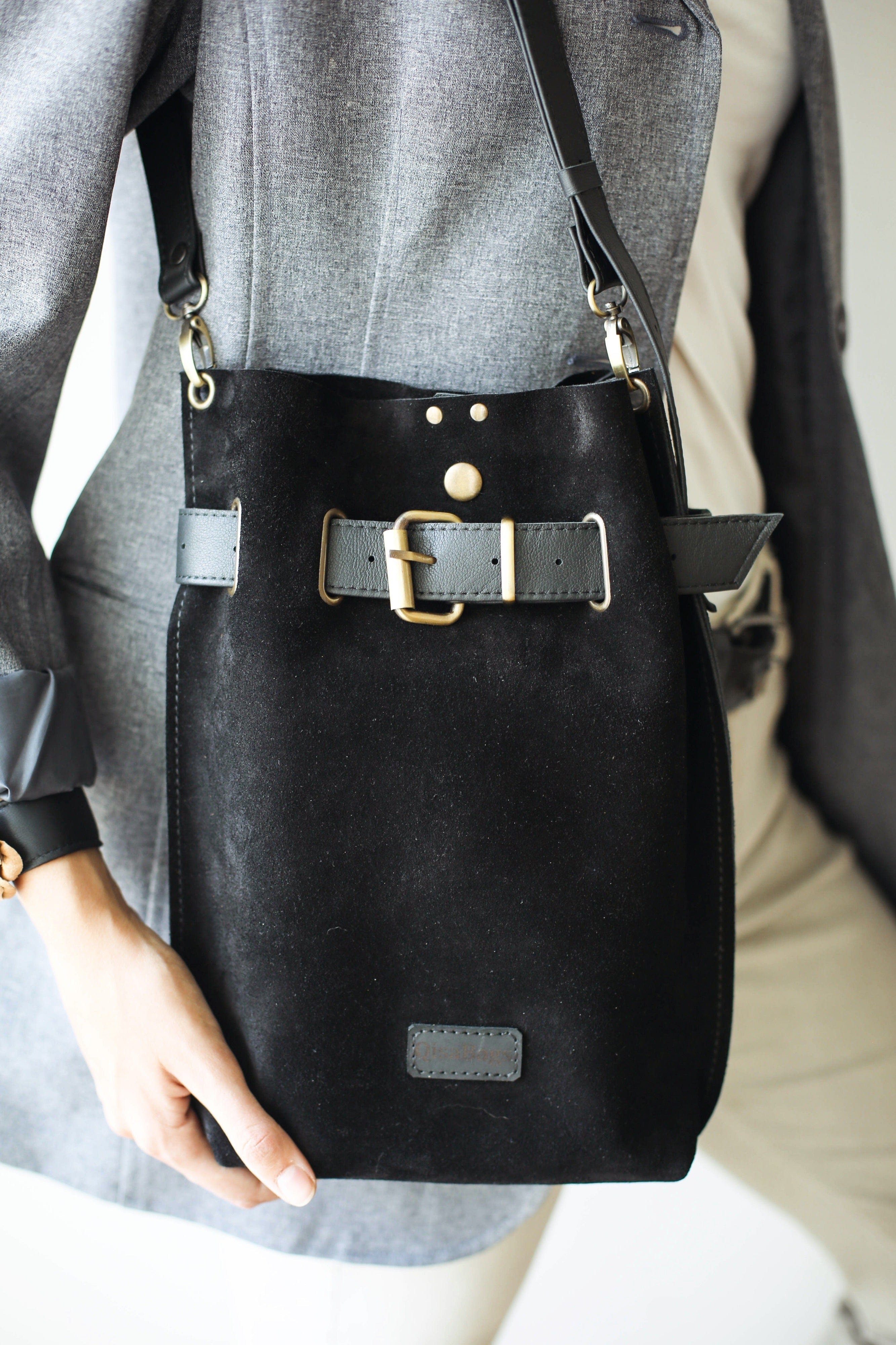 black suede crossbody bag