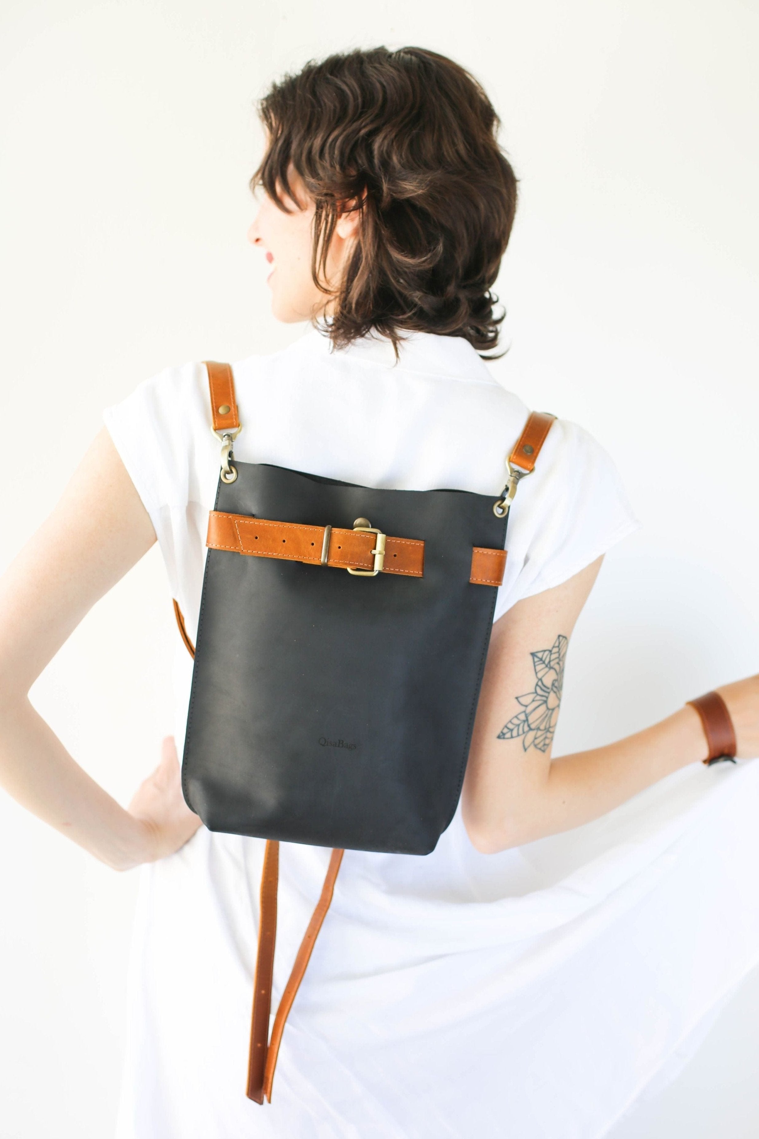 Black convertible leather backpack