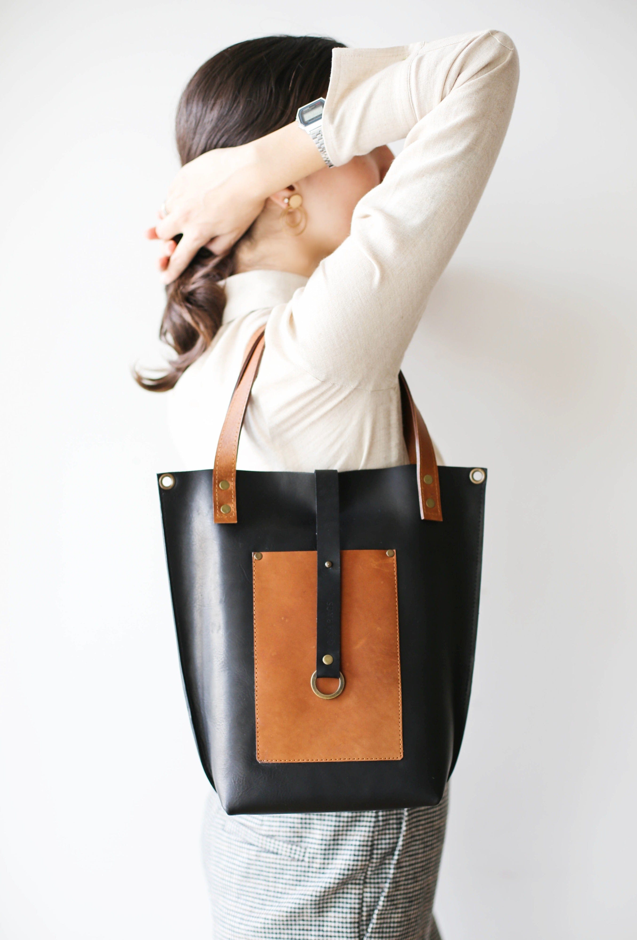 black leather handbag