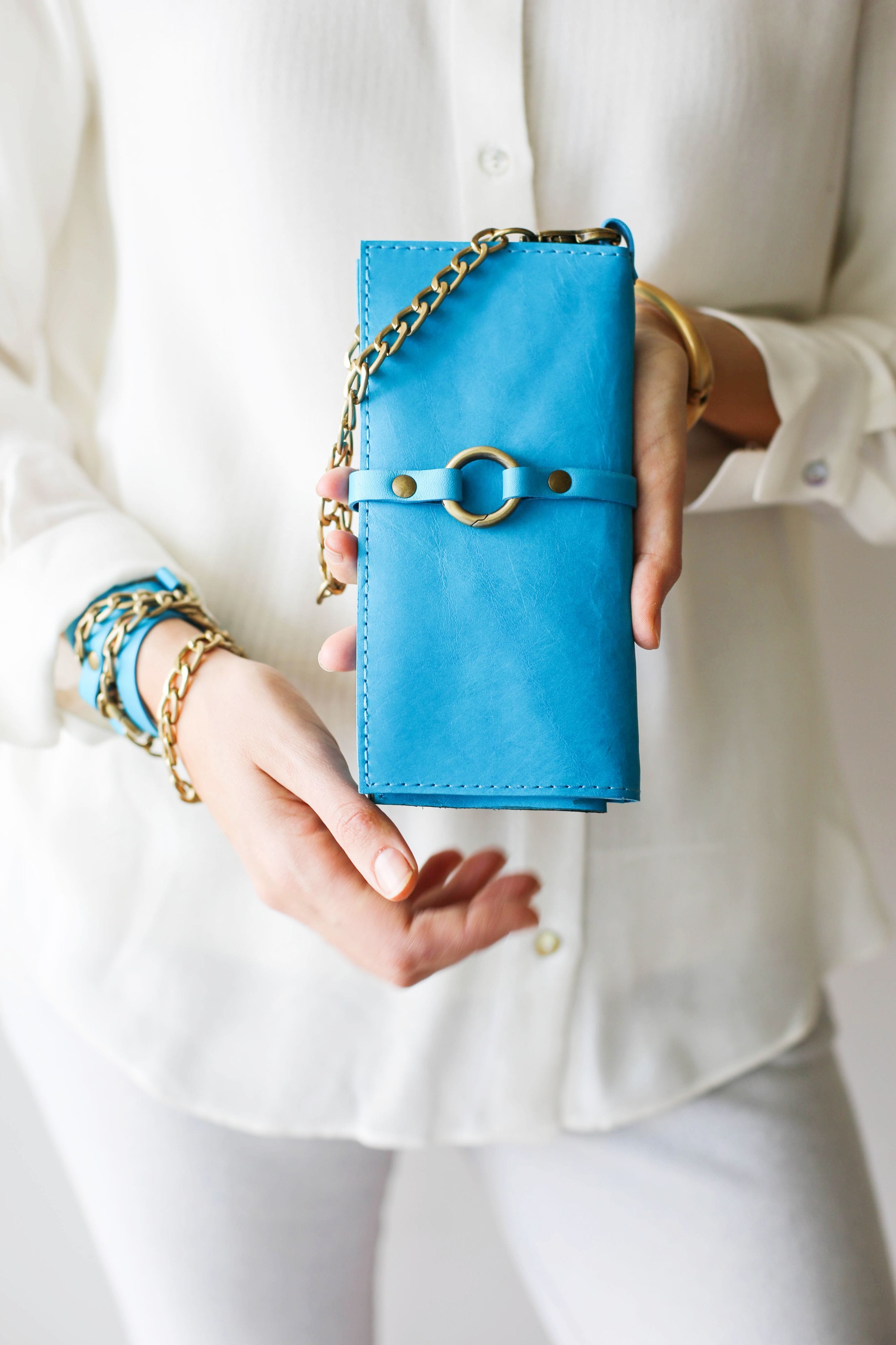 Sky Blue Leather Ring Wallet N02