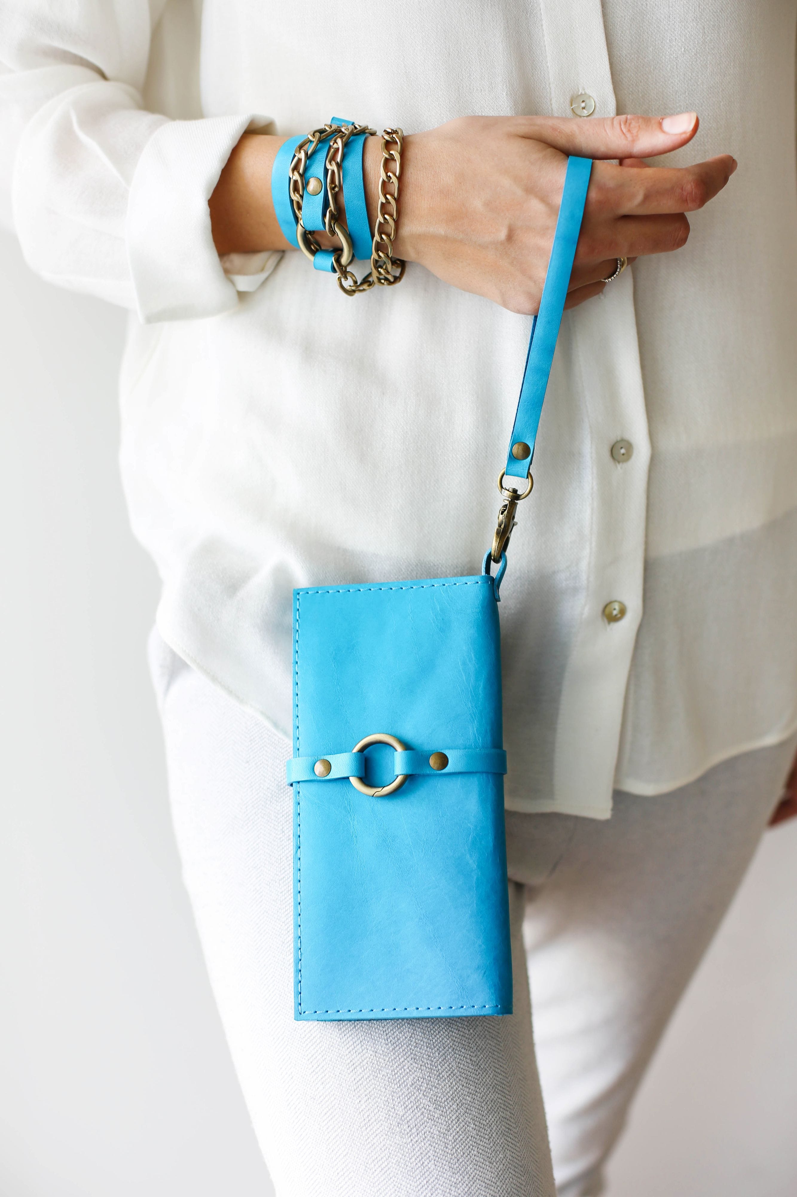 Sky Blue Leather Ring Wallet N02