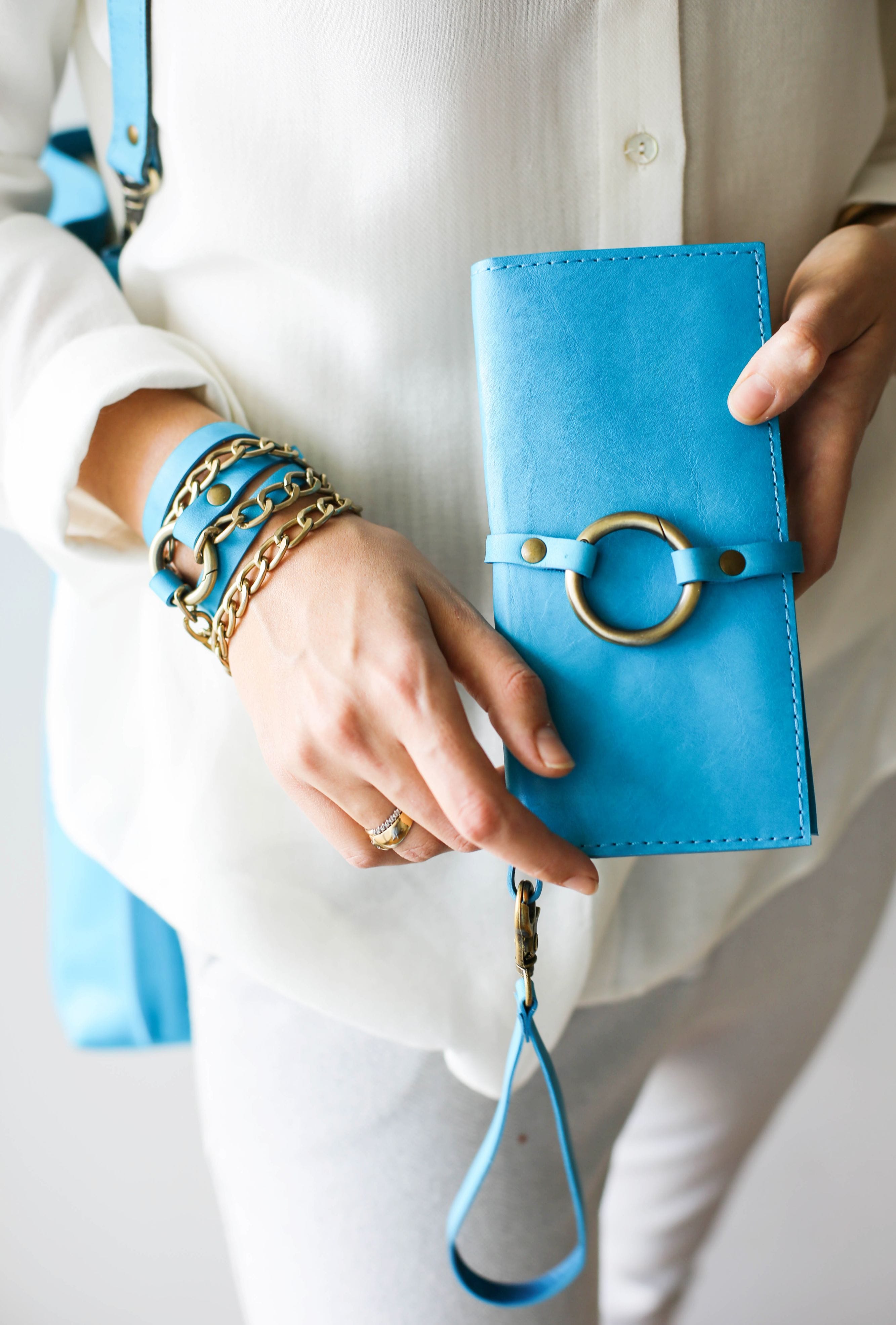 Sky Blue Leather Ring Wallet N02