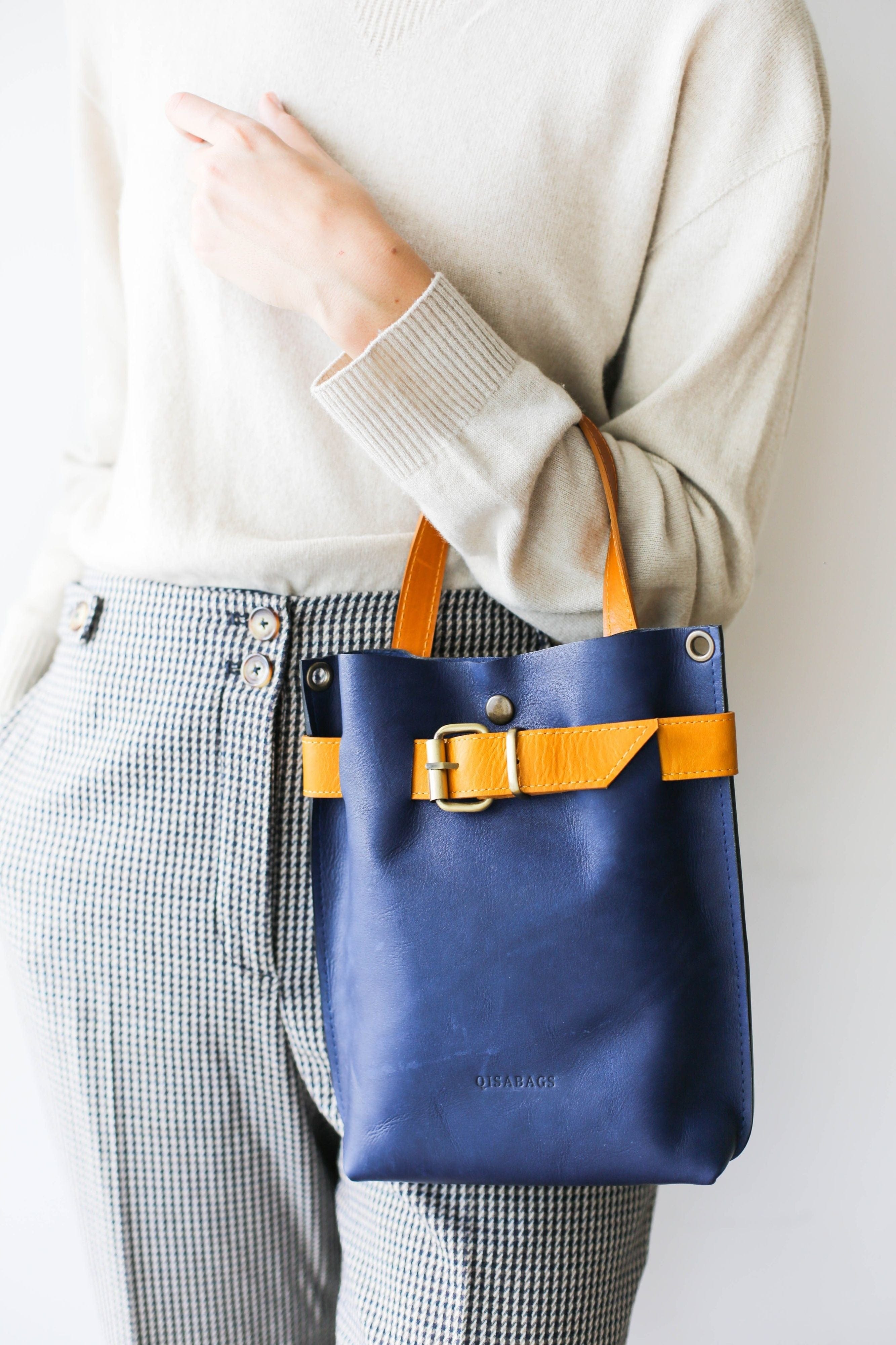 blue leather handbag