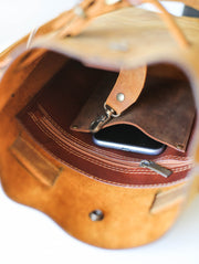 Interior of a brown leather backpack