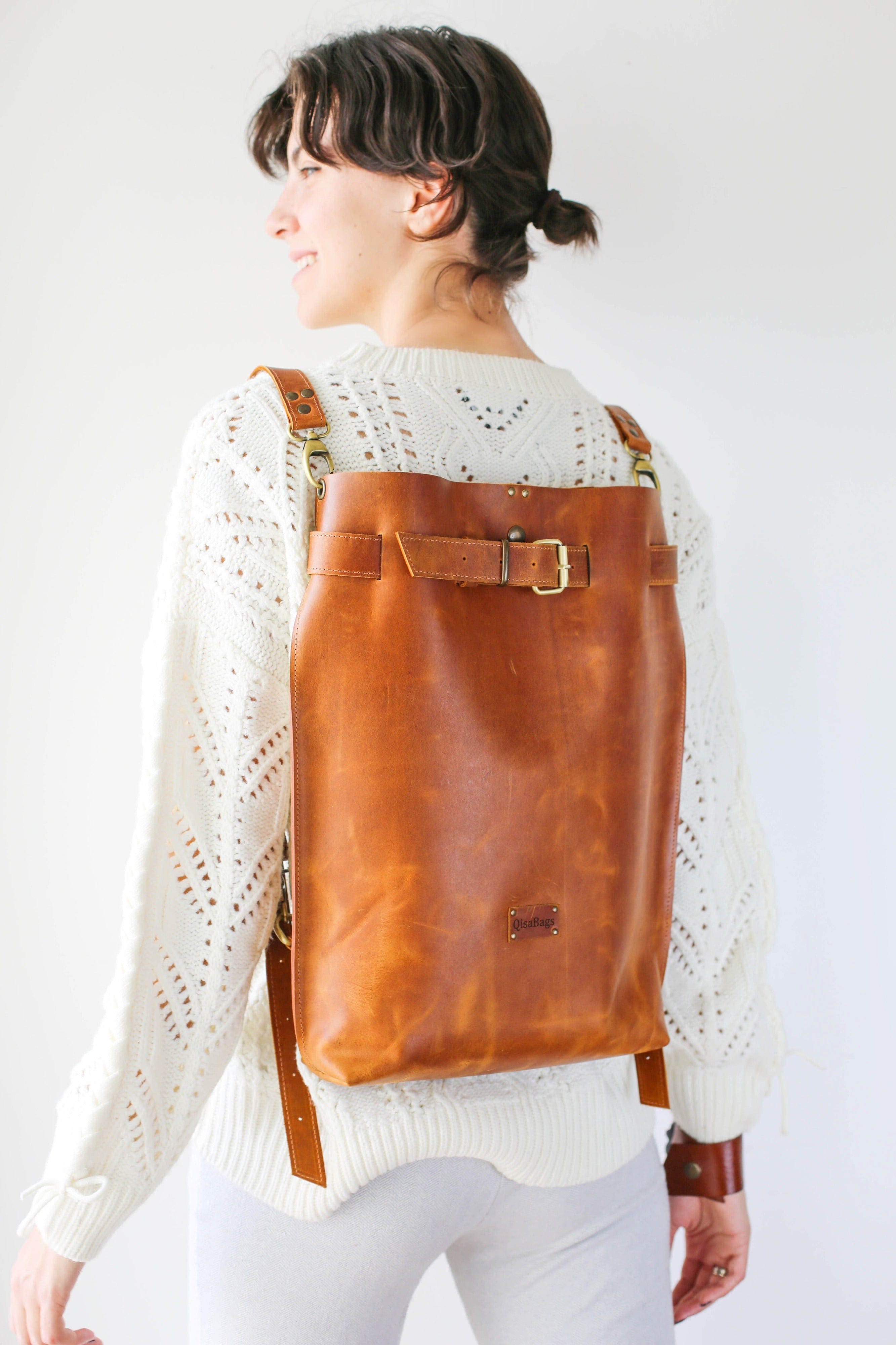 brown leather backpack