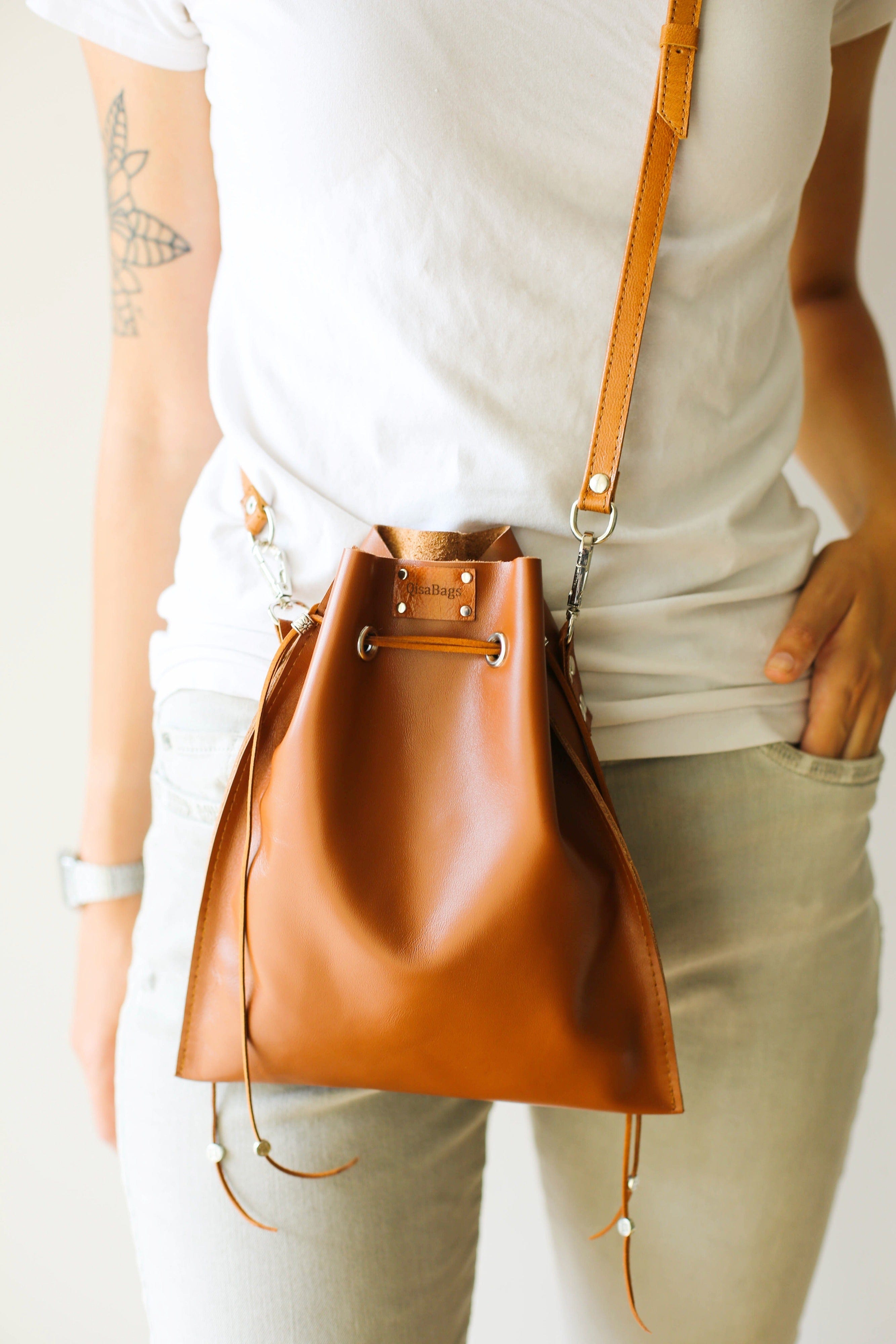 Leather cross body bucket bag