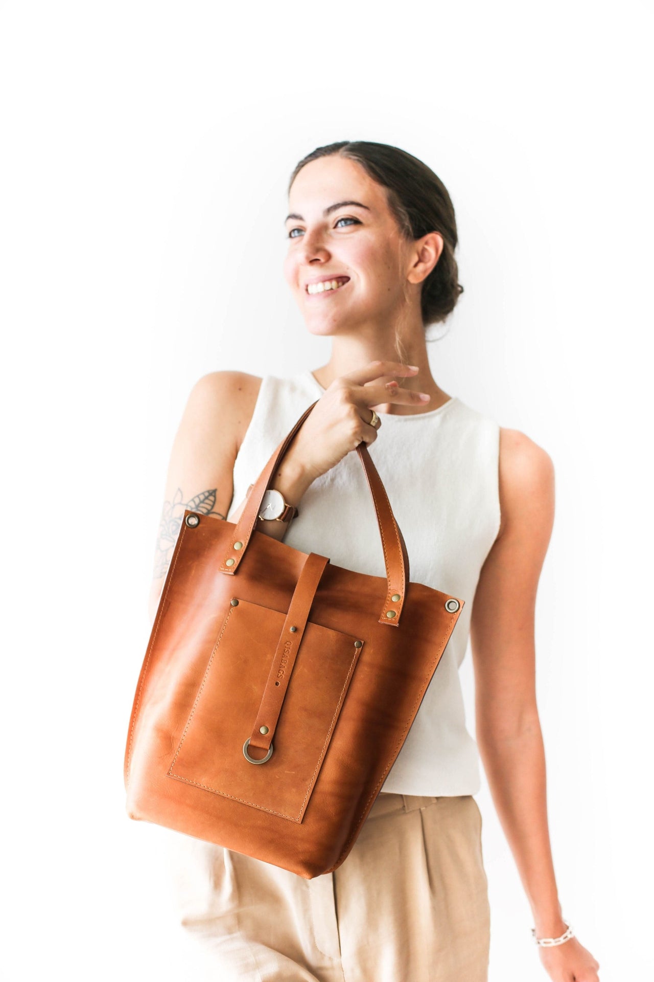 Brown leather tote for women