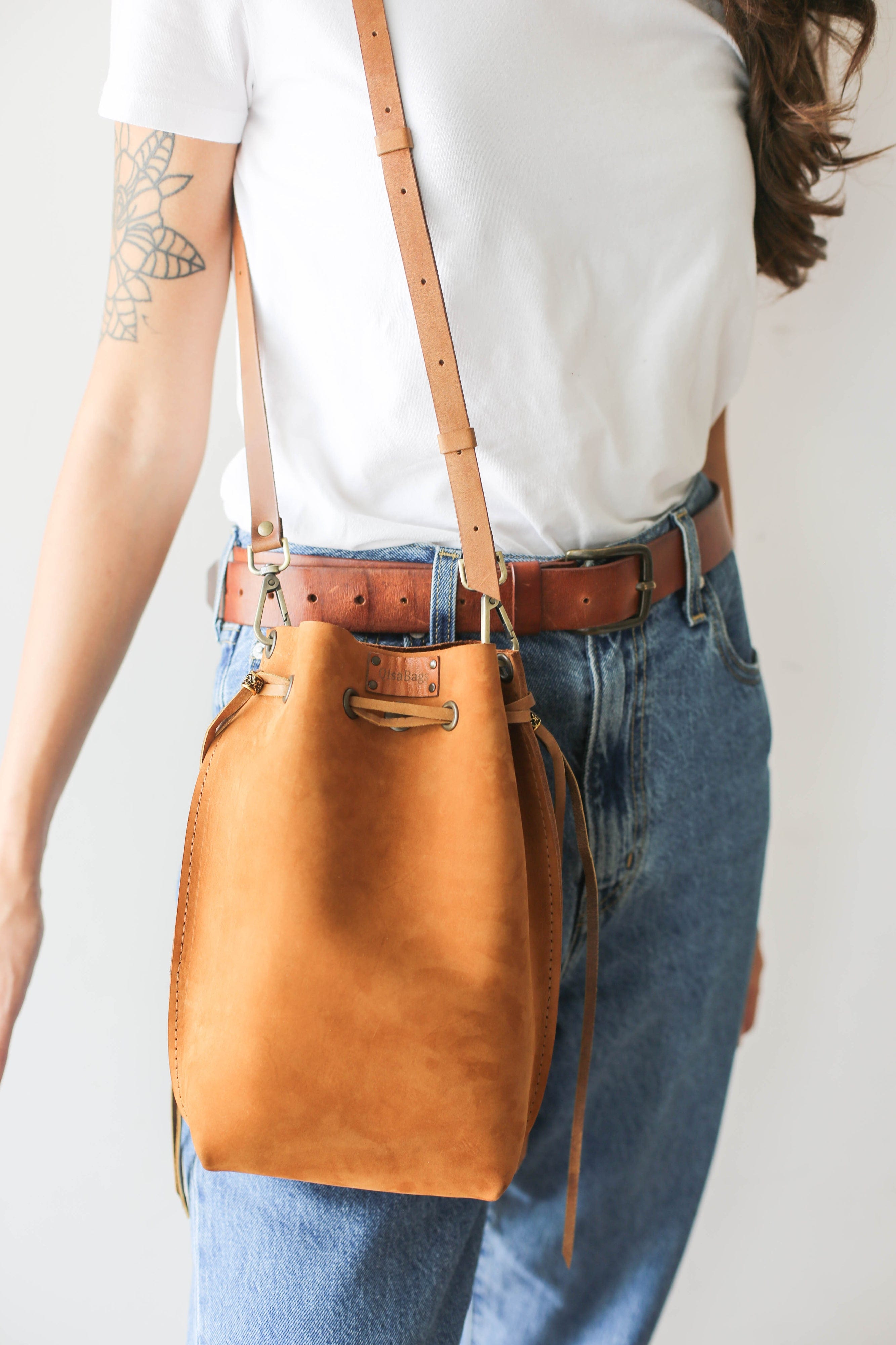 Drawstring Bucket Bag | Brown Leather Purse - Qisabags