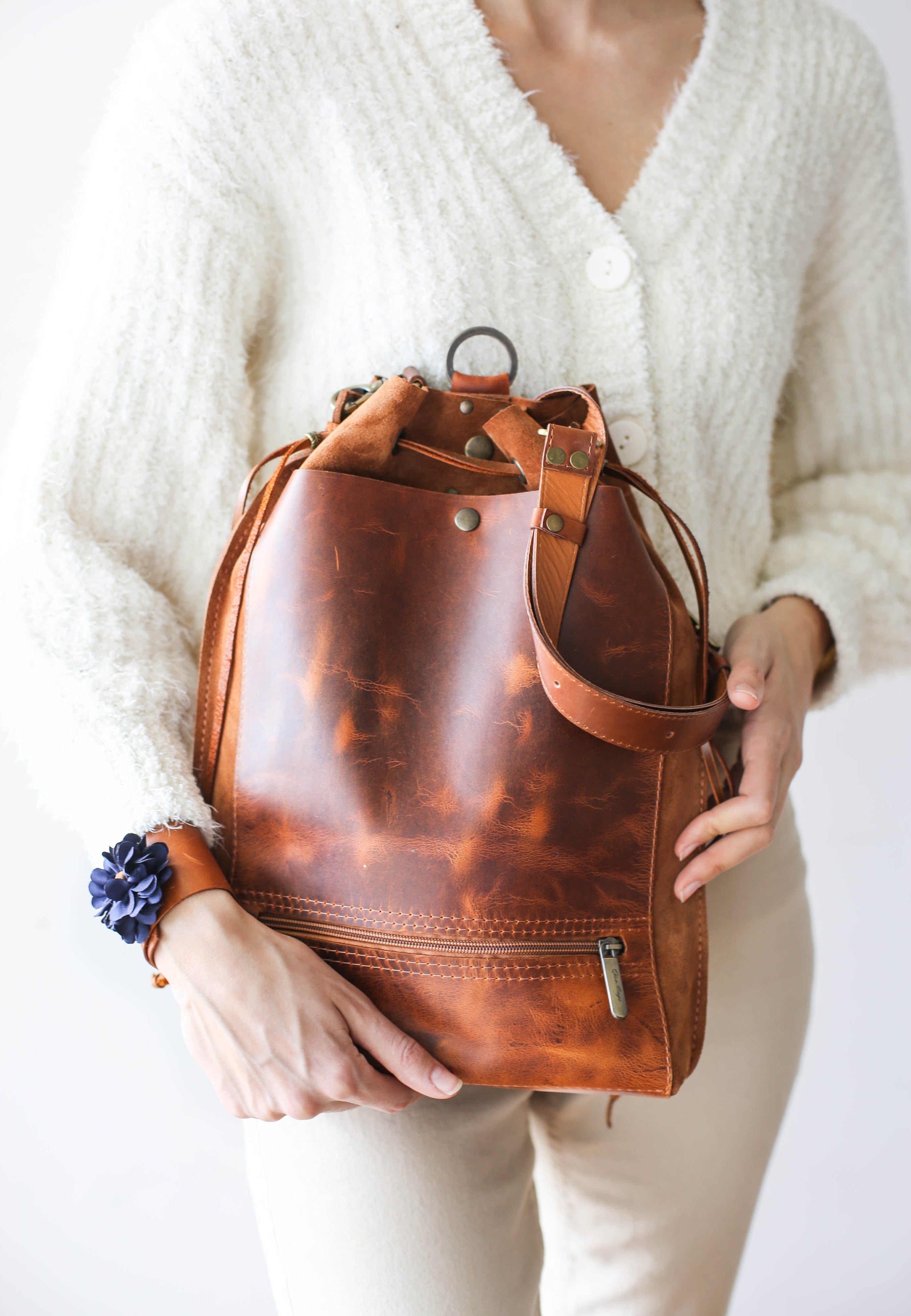 Brown Leather Bucket Bag