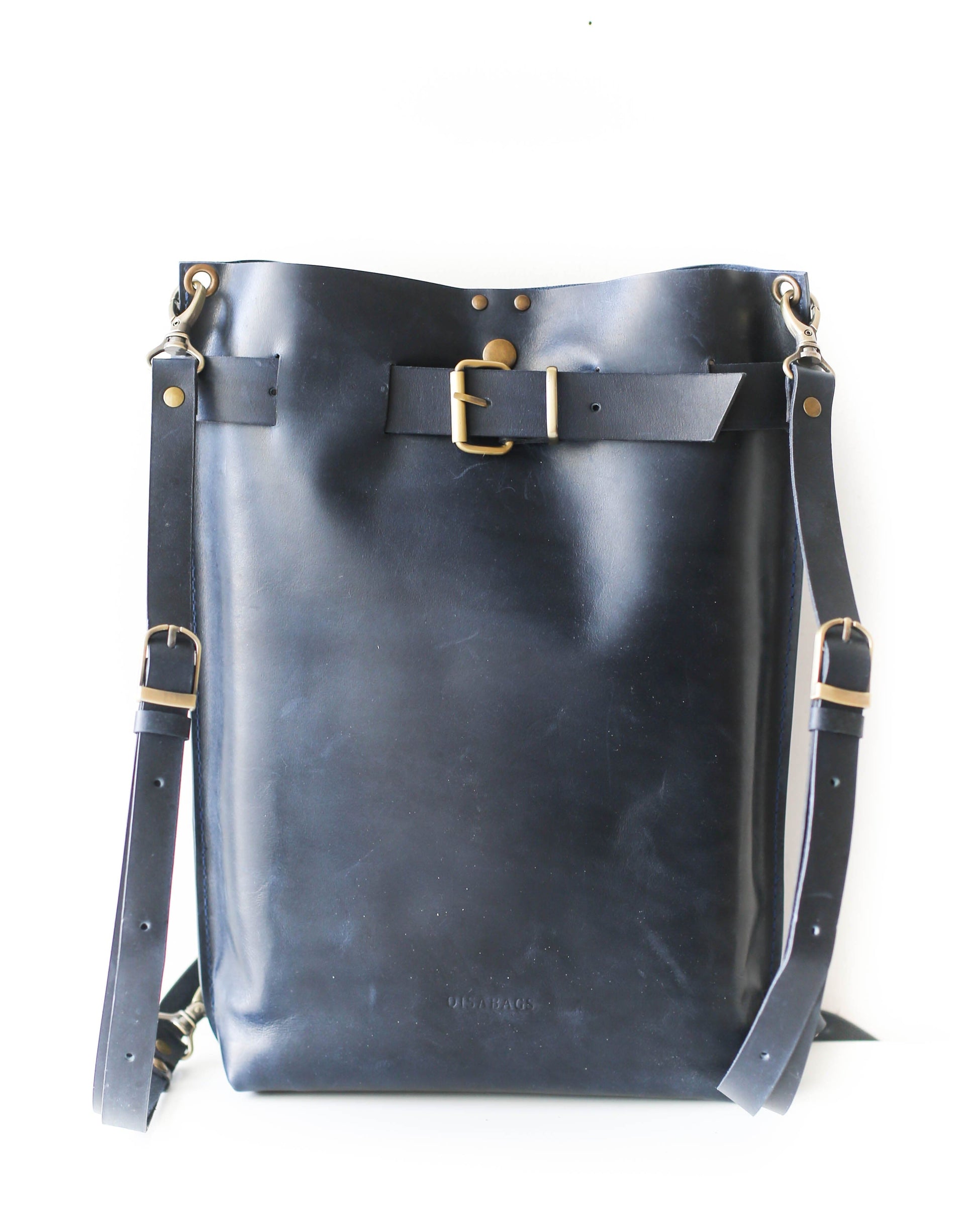 blue leather backpack