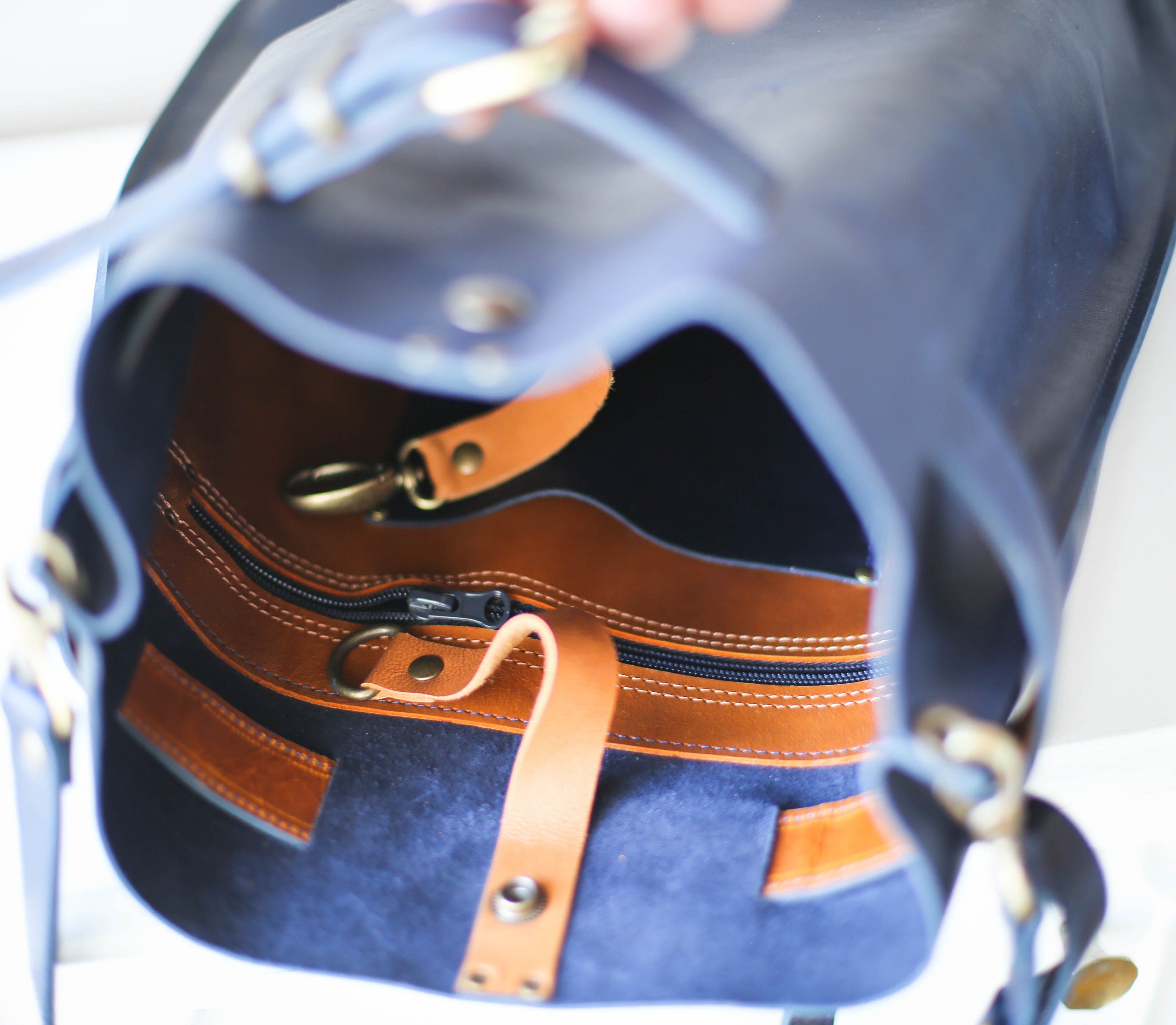 Navy Blue w/Brown Large Leather Backpack