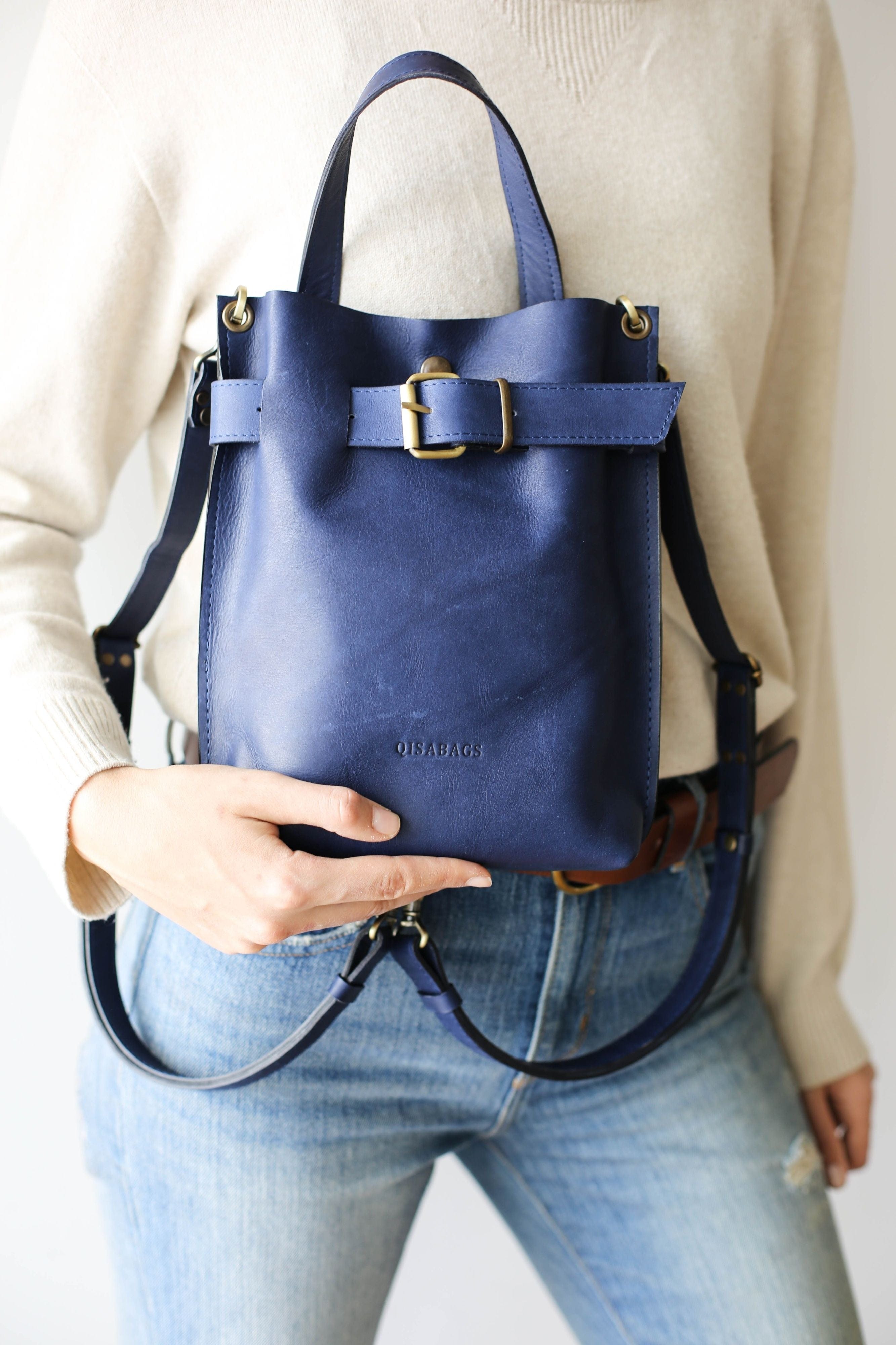 blue leather bag