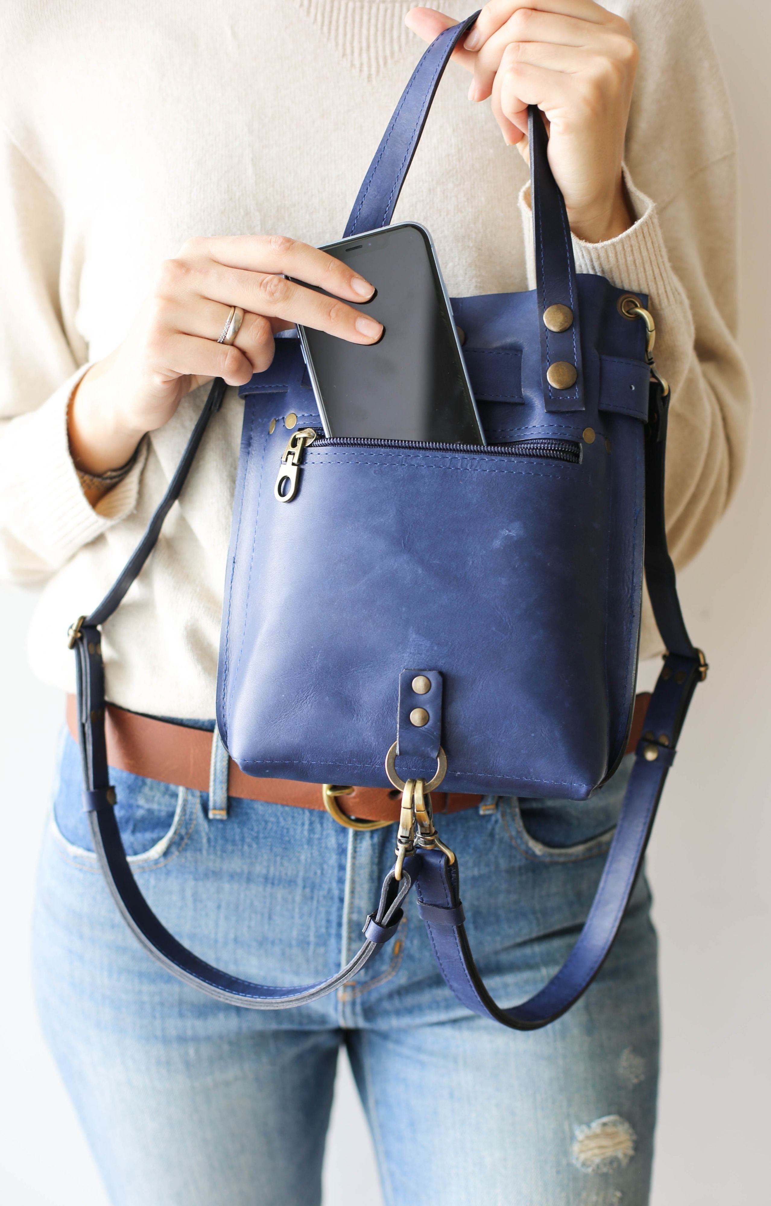 Hidesign East India Leather Shoulder Handbag Purse Dark Navy Blue | eBay
