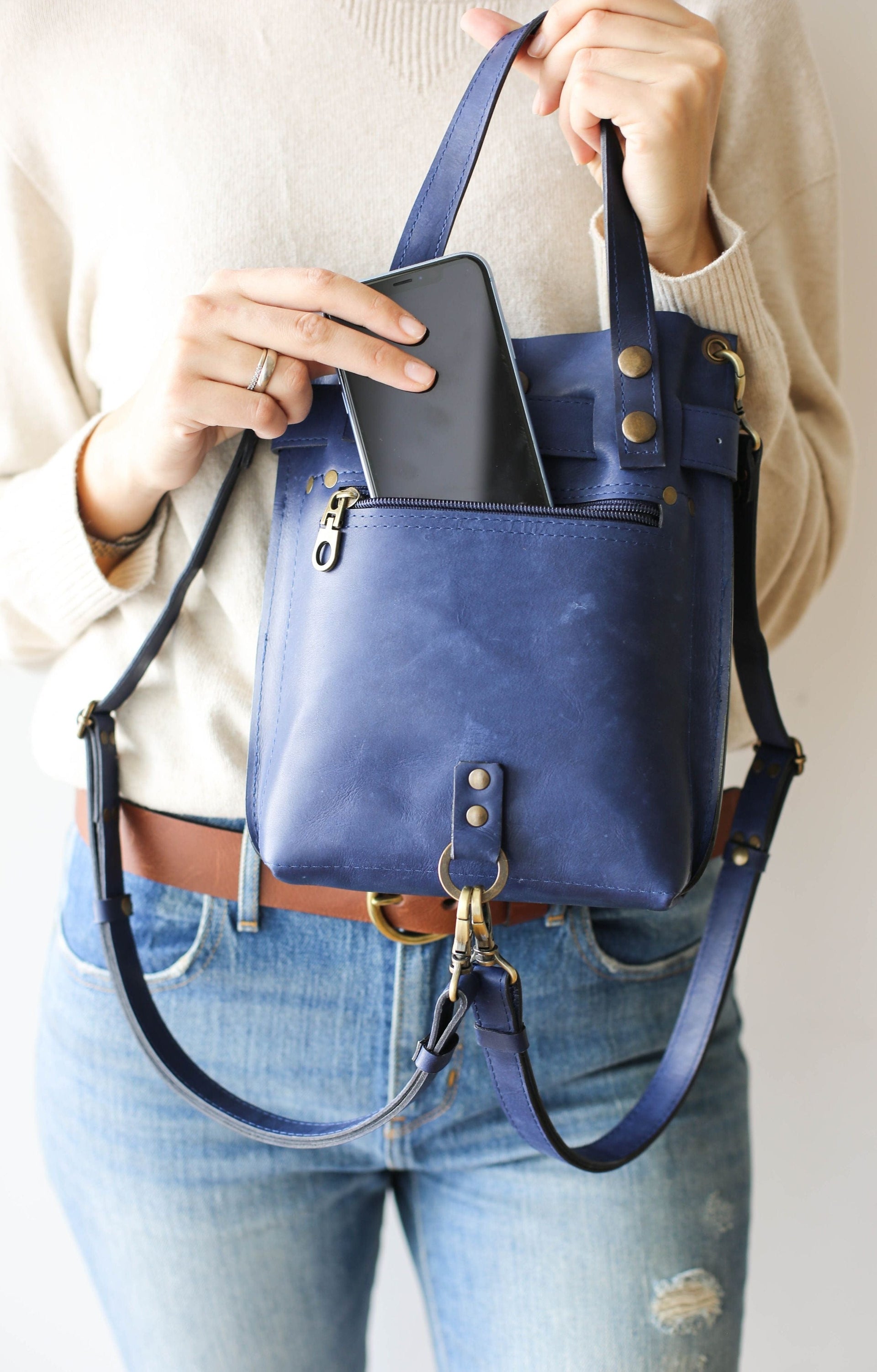 navy blue leather purse
