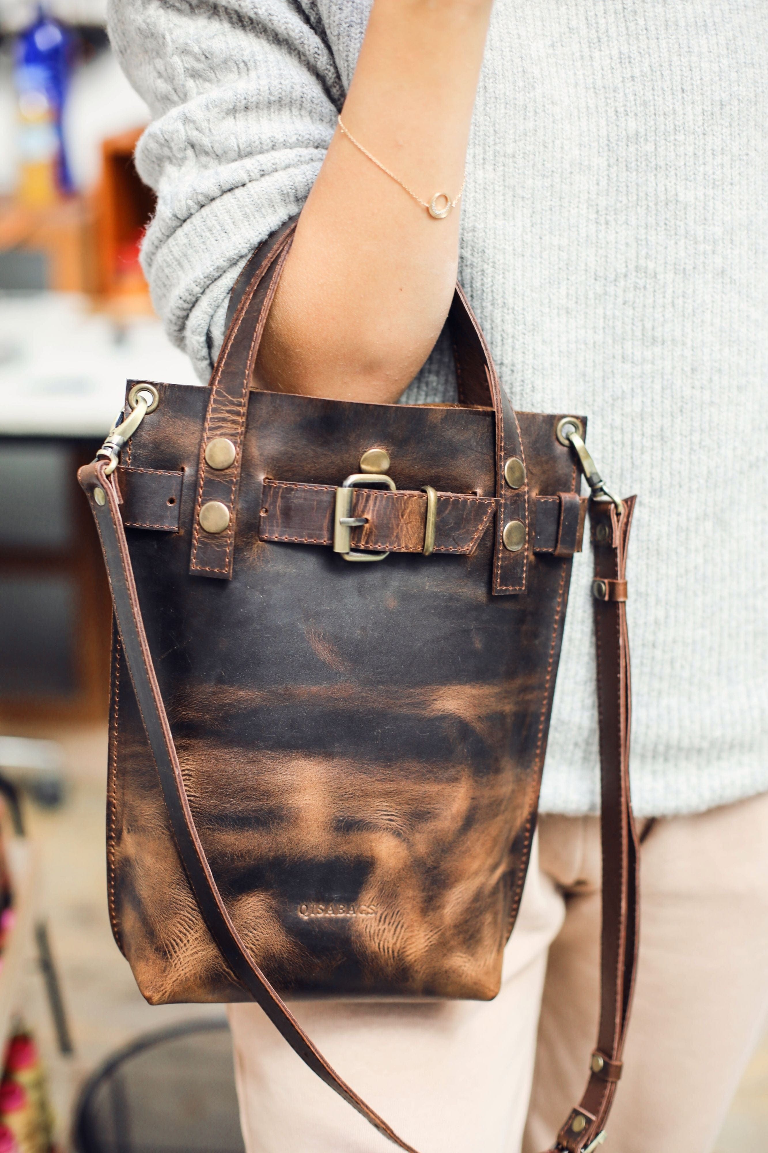 Dark brown leather top purse strap