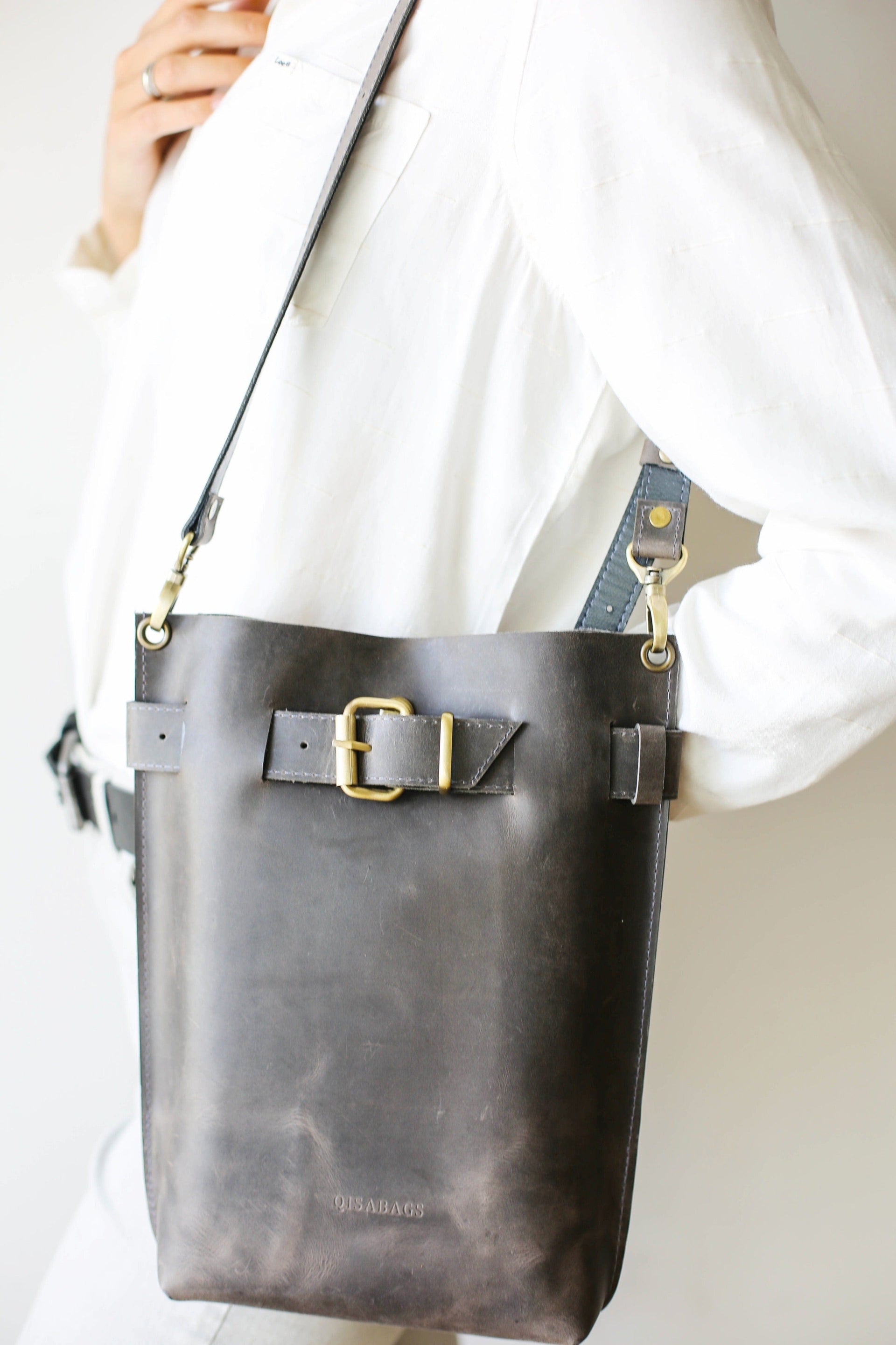 gray leather Handbags