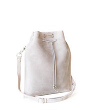 Gray Leather Drawstring Pouch Bag