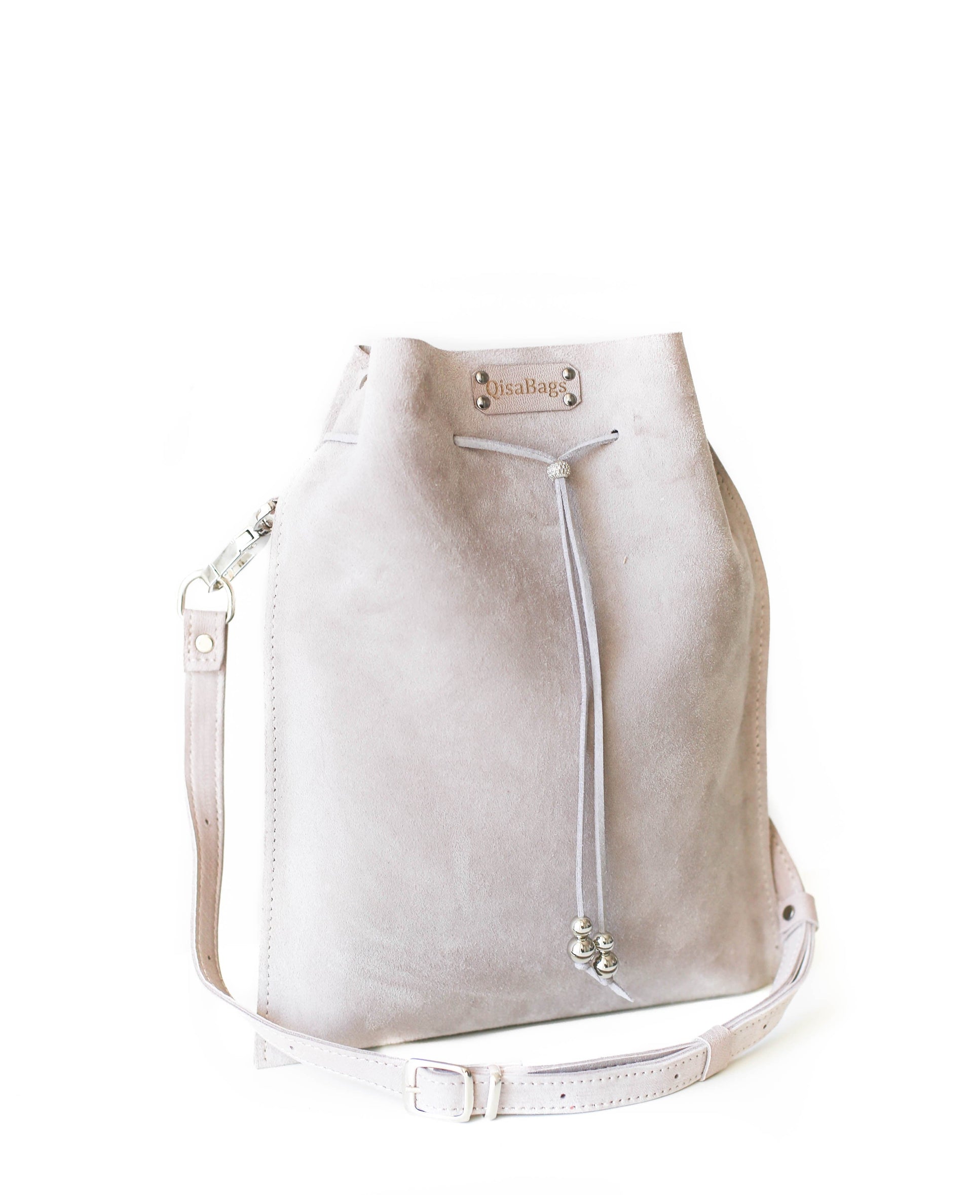 Gray Leather Drawstring Pouch Bag
