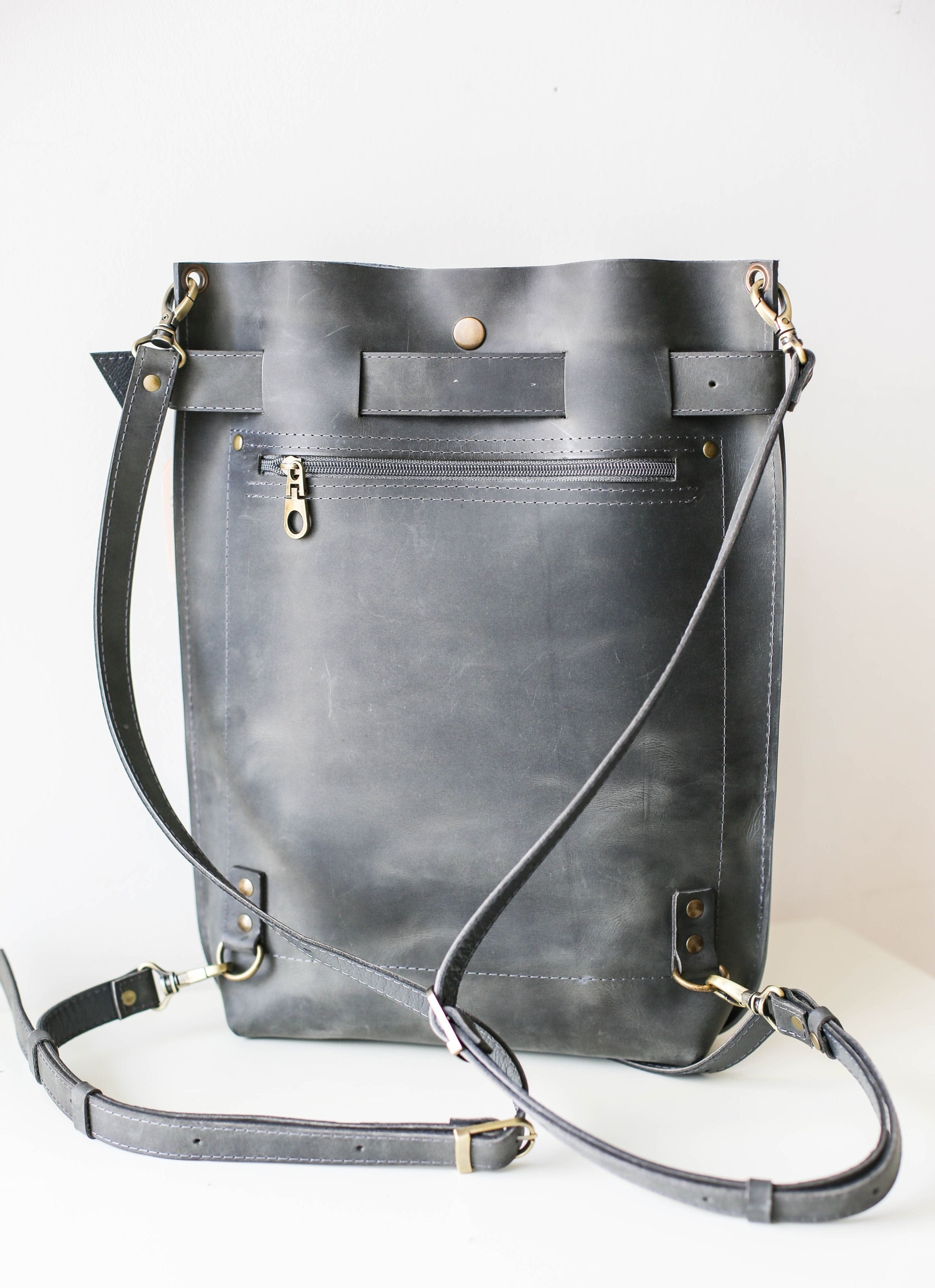 Gray Large Leather Backpack Purse