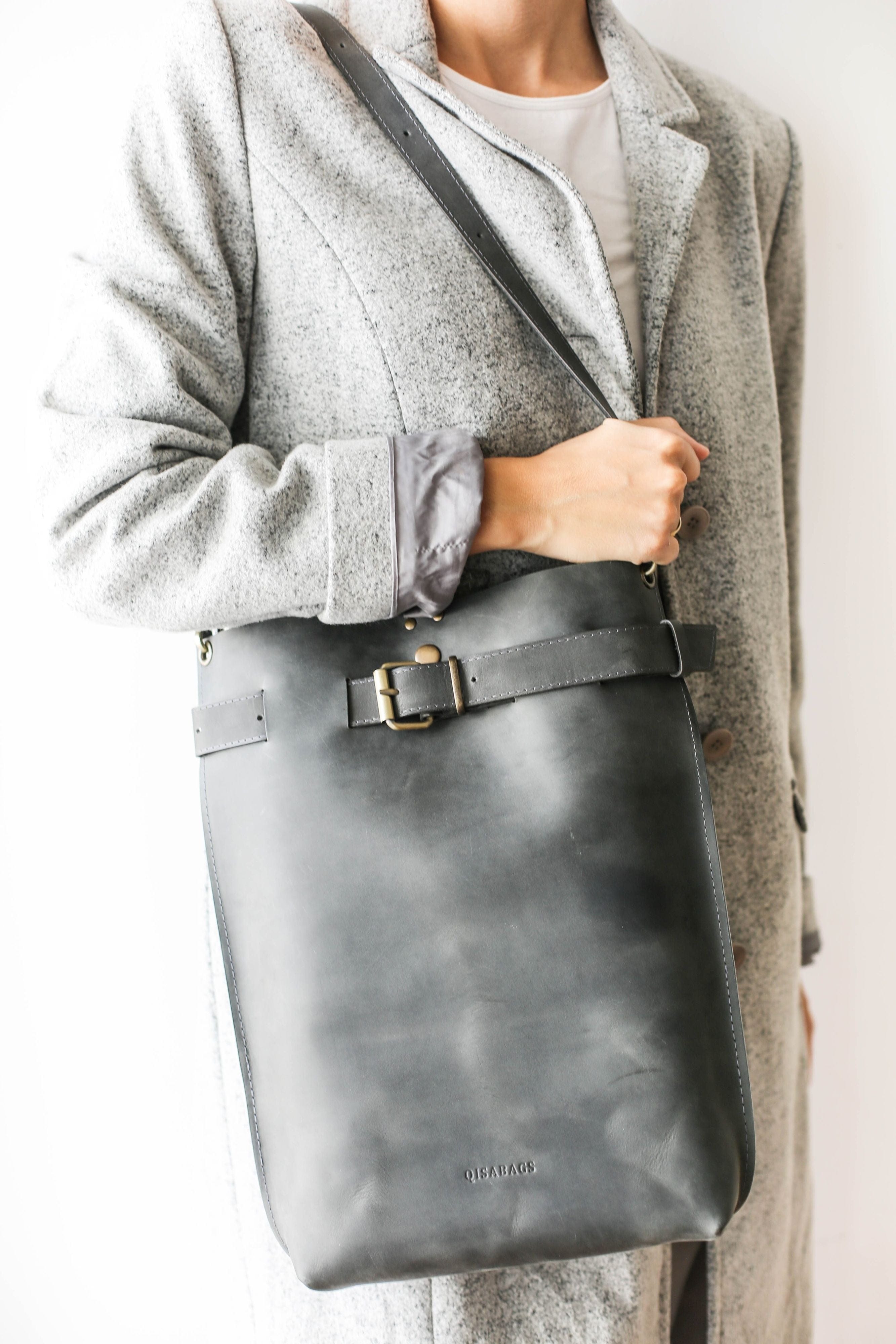 gray leather crossbody bag