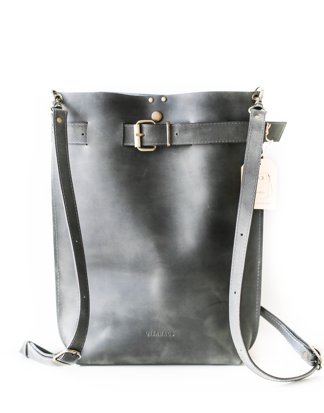 gray leather backpack