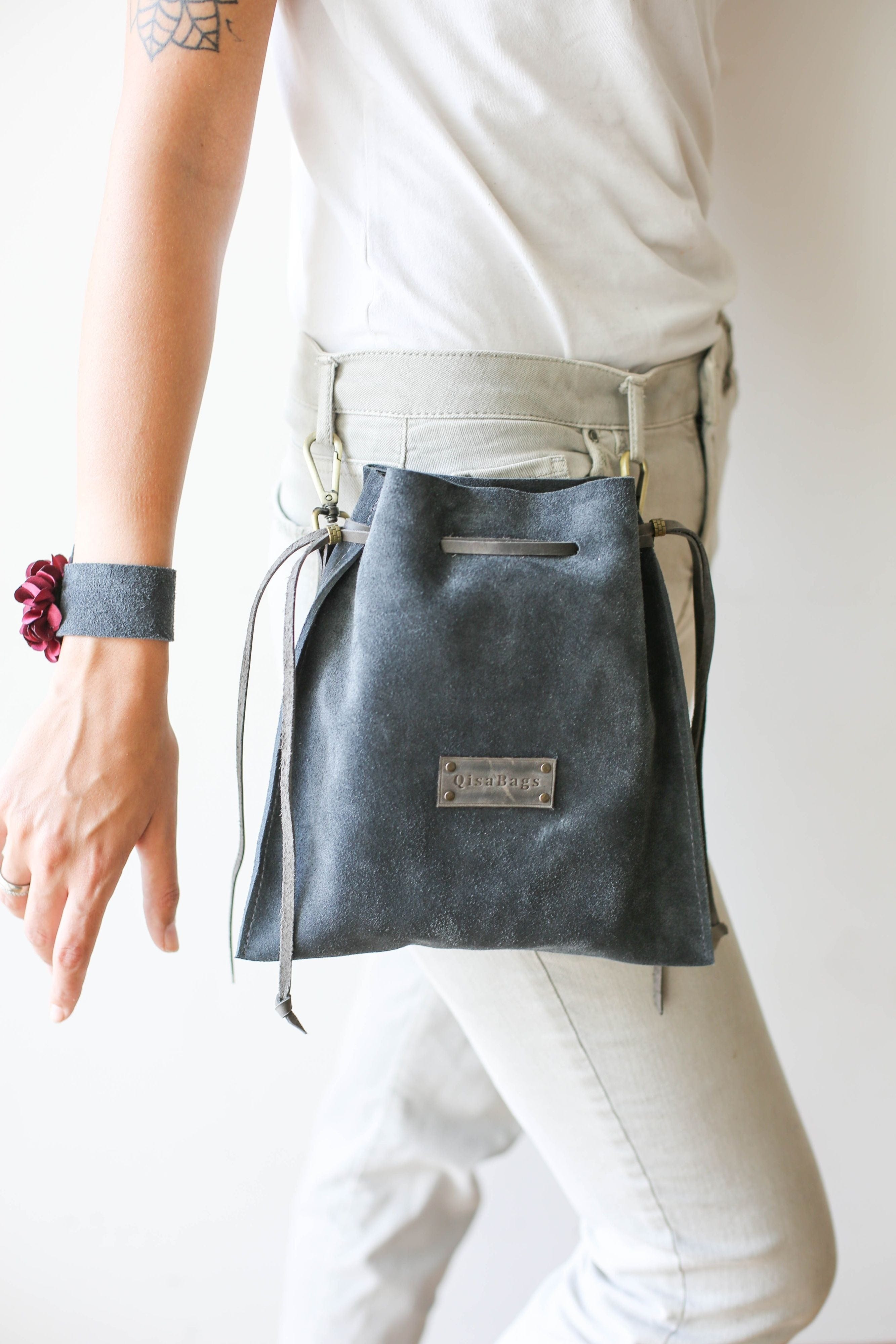 Gray suede waist bag