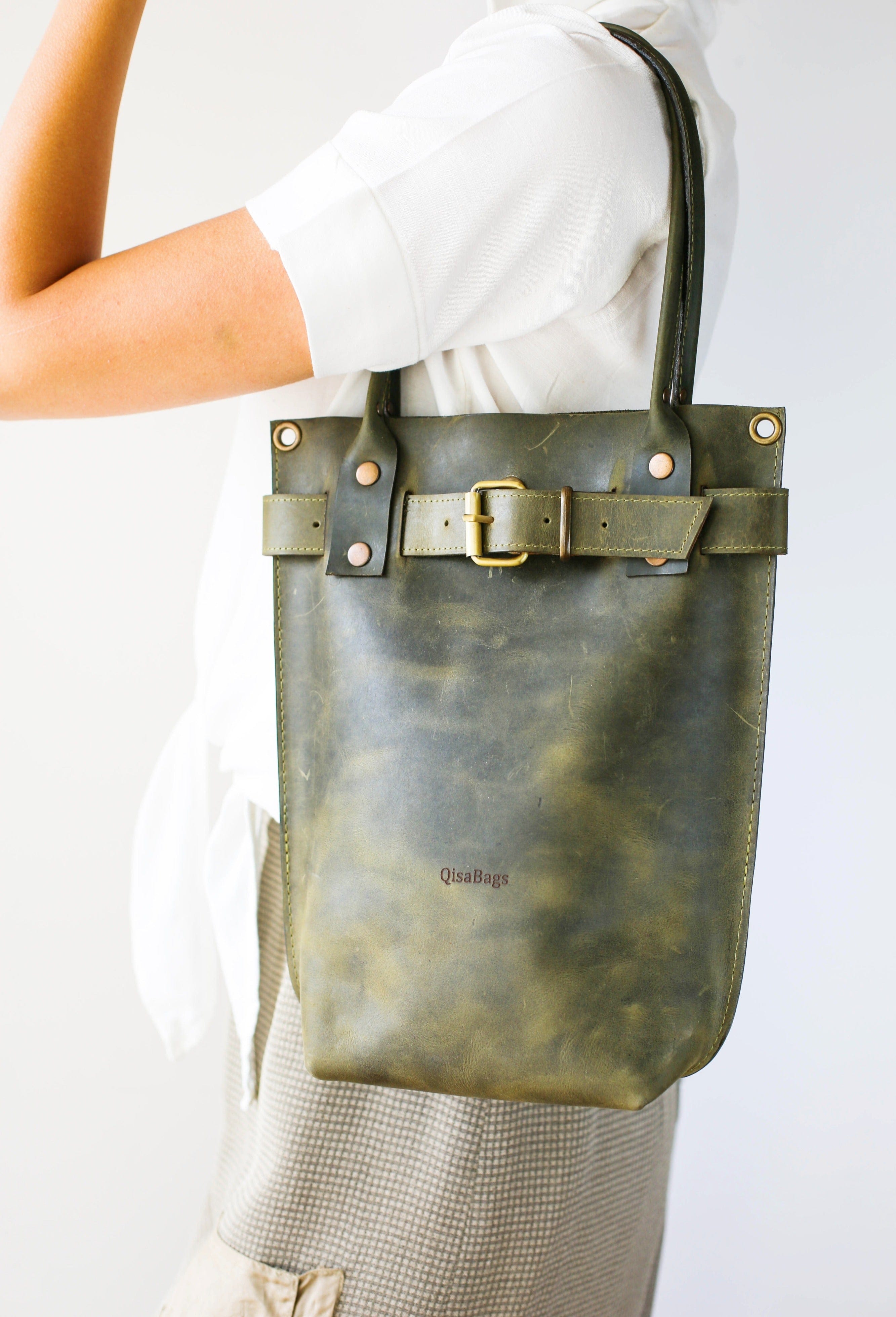 dark green leather handbag