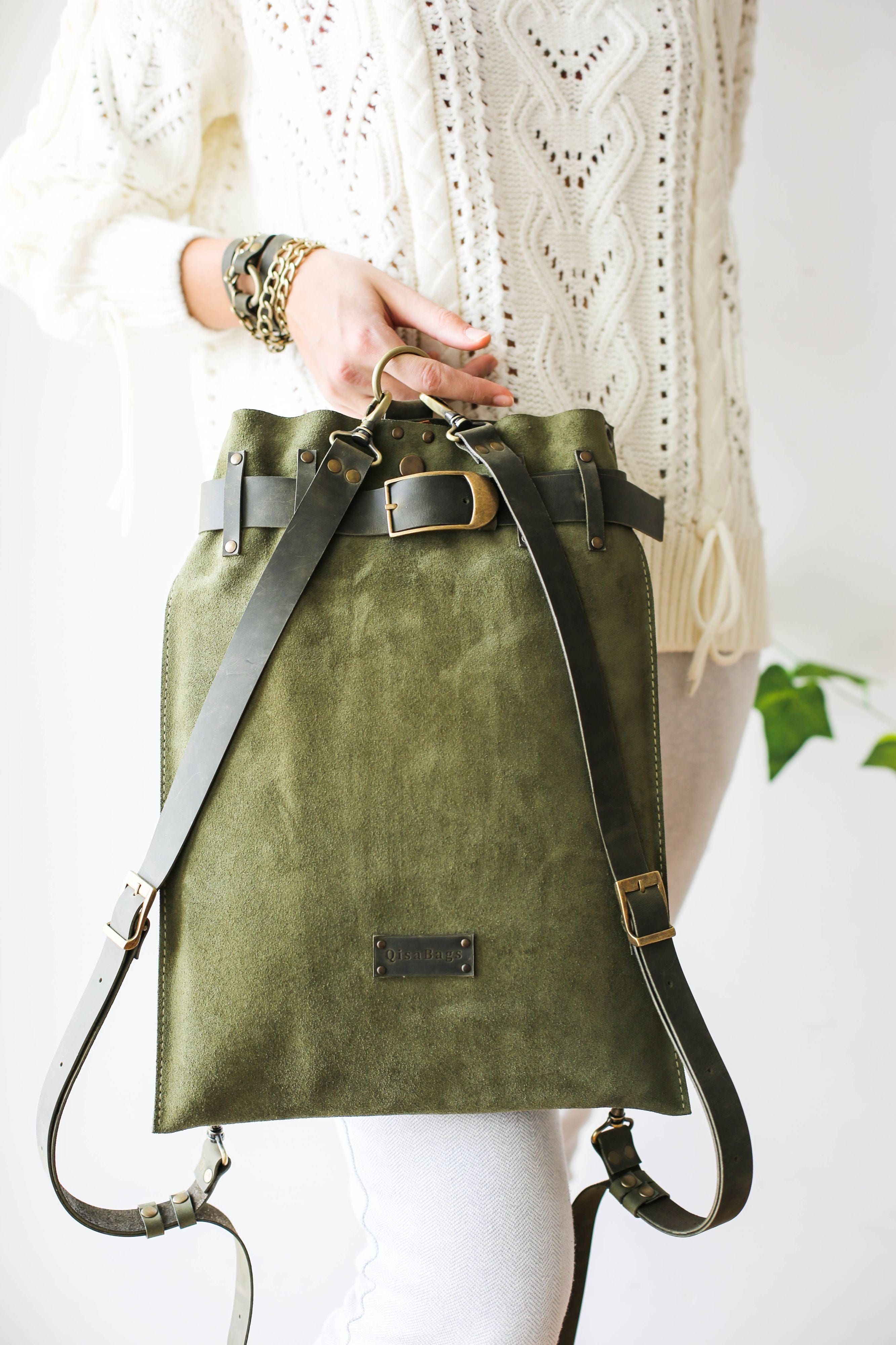 Green suede sales backpack