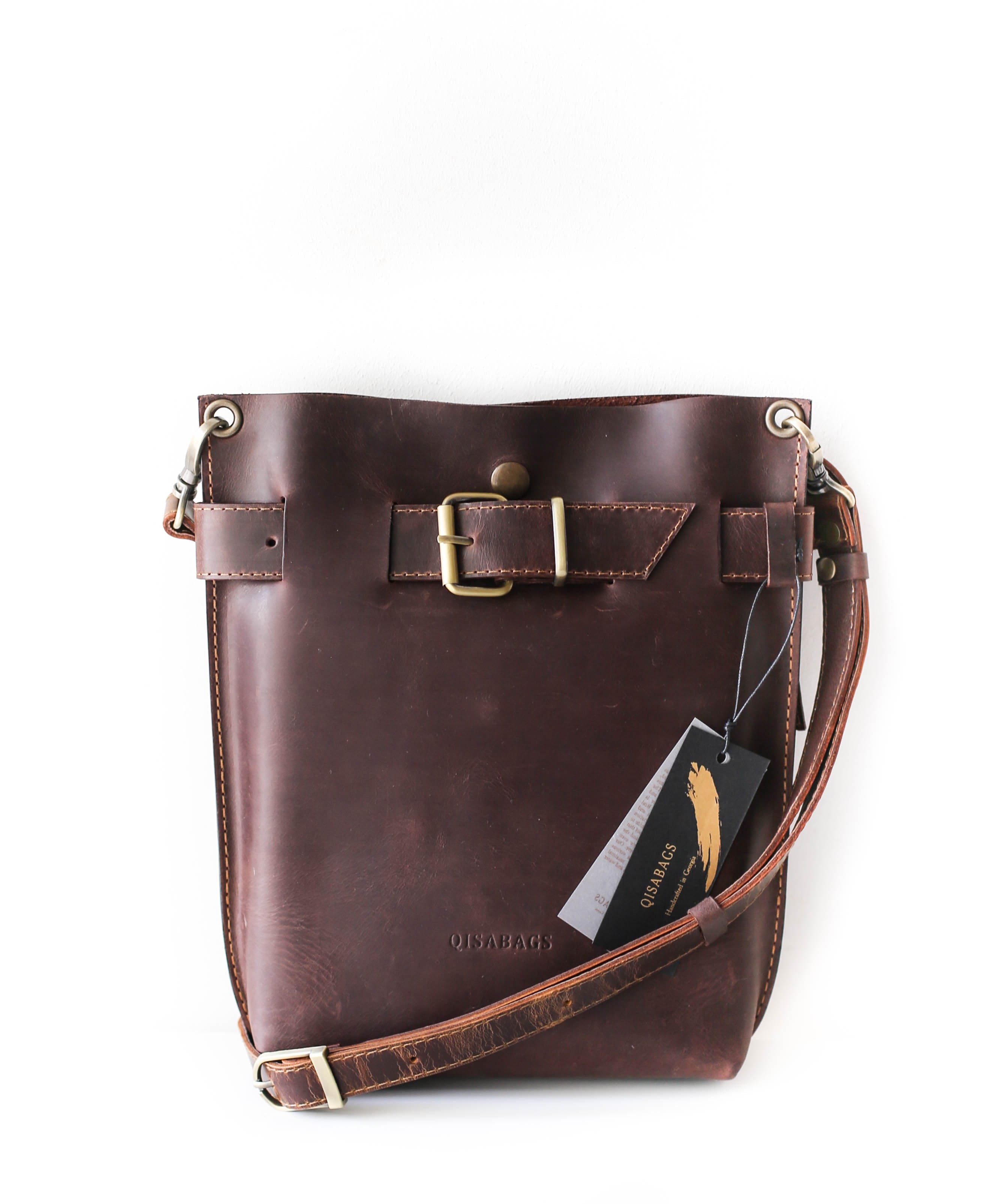 dark brown leather backpack