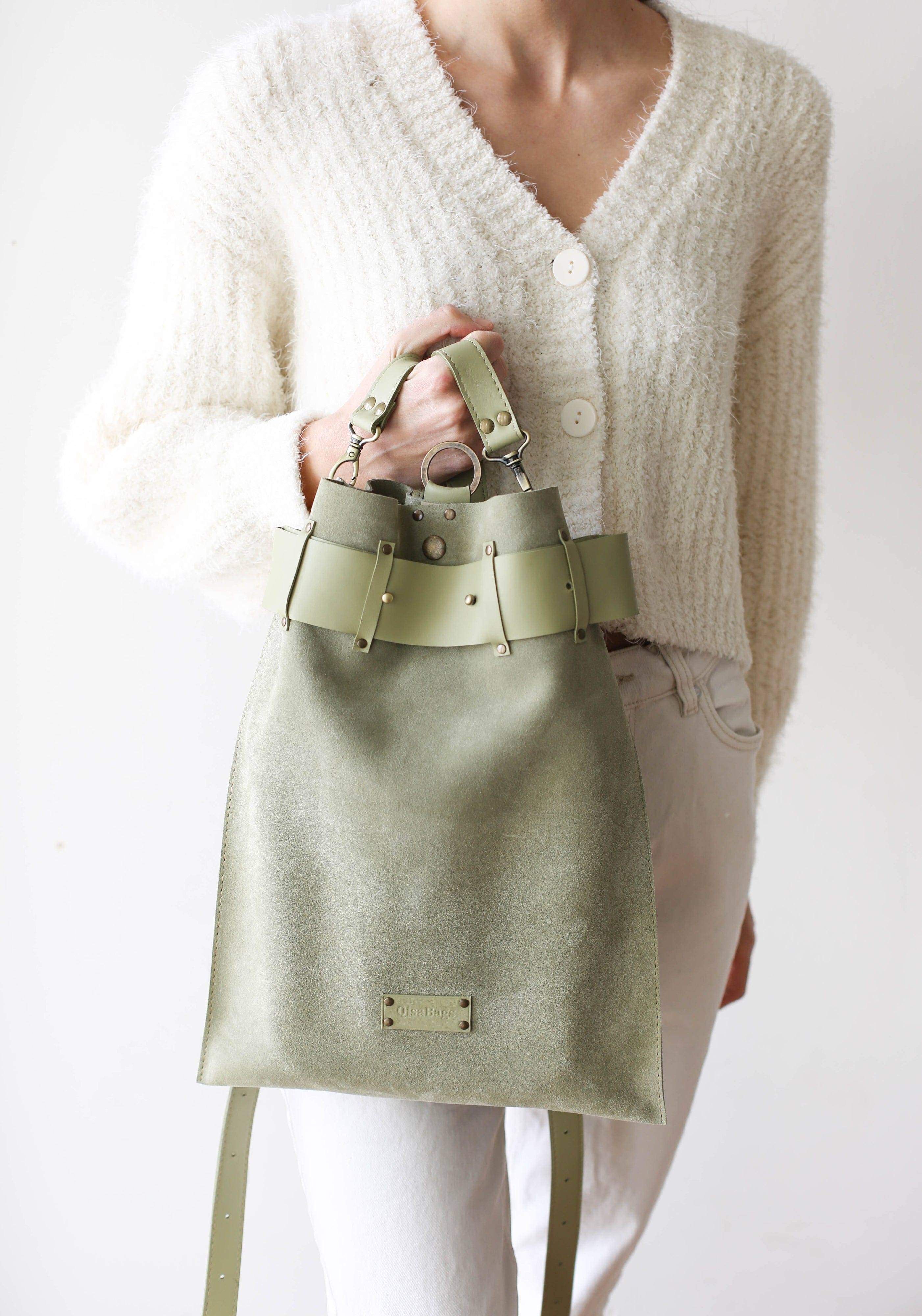 green leather backpack