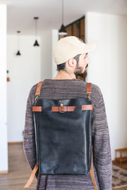 Handmade Black Leather Backpack for Men