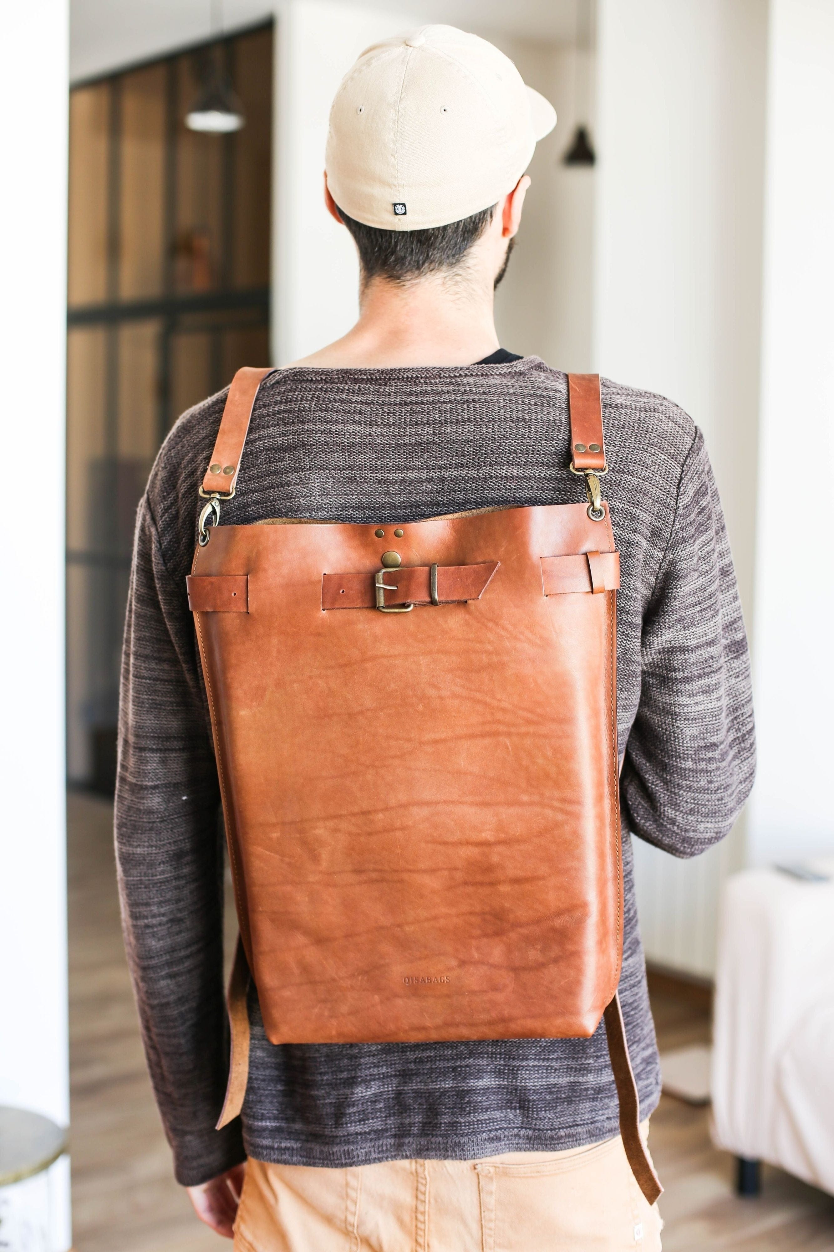 brown leather backpack