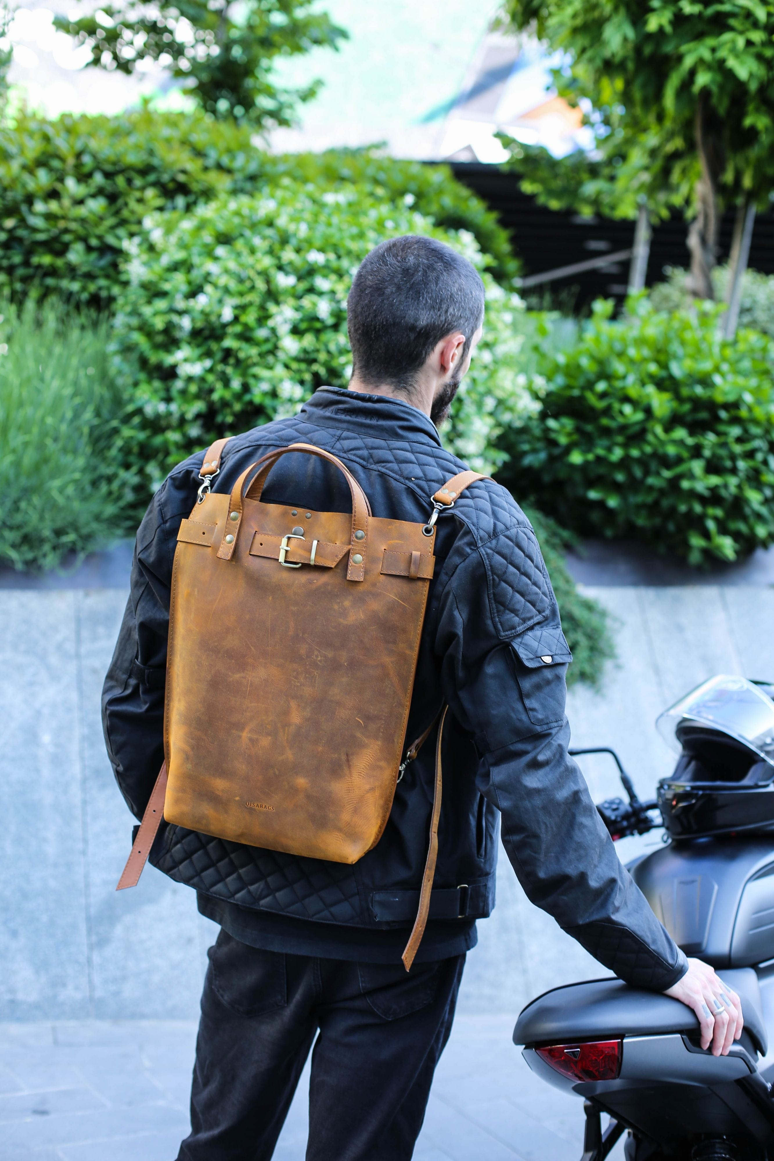 Mens brown leather rucksack best sale