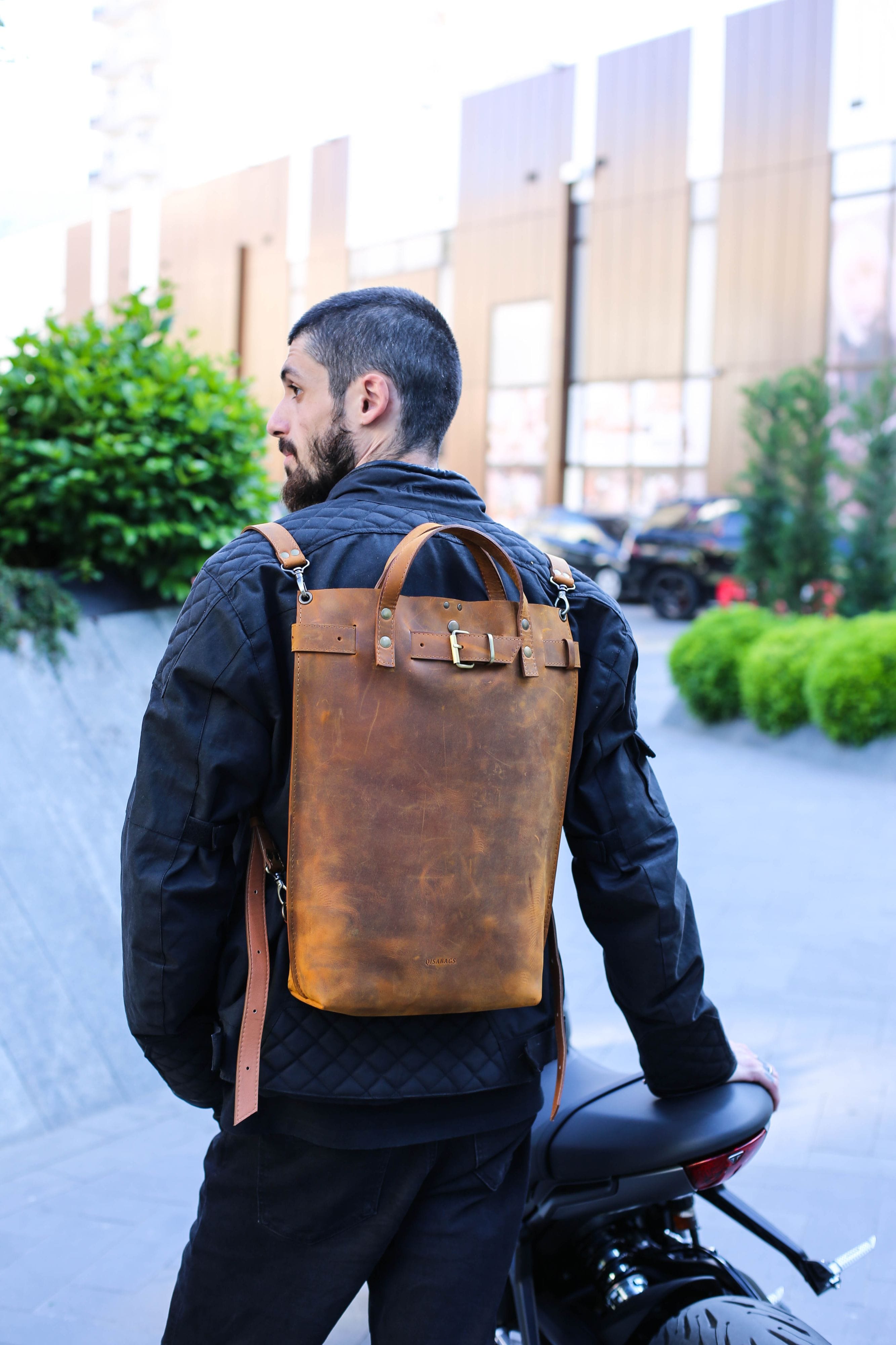 Mens genuine leather discount backpack