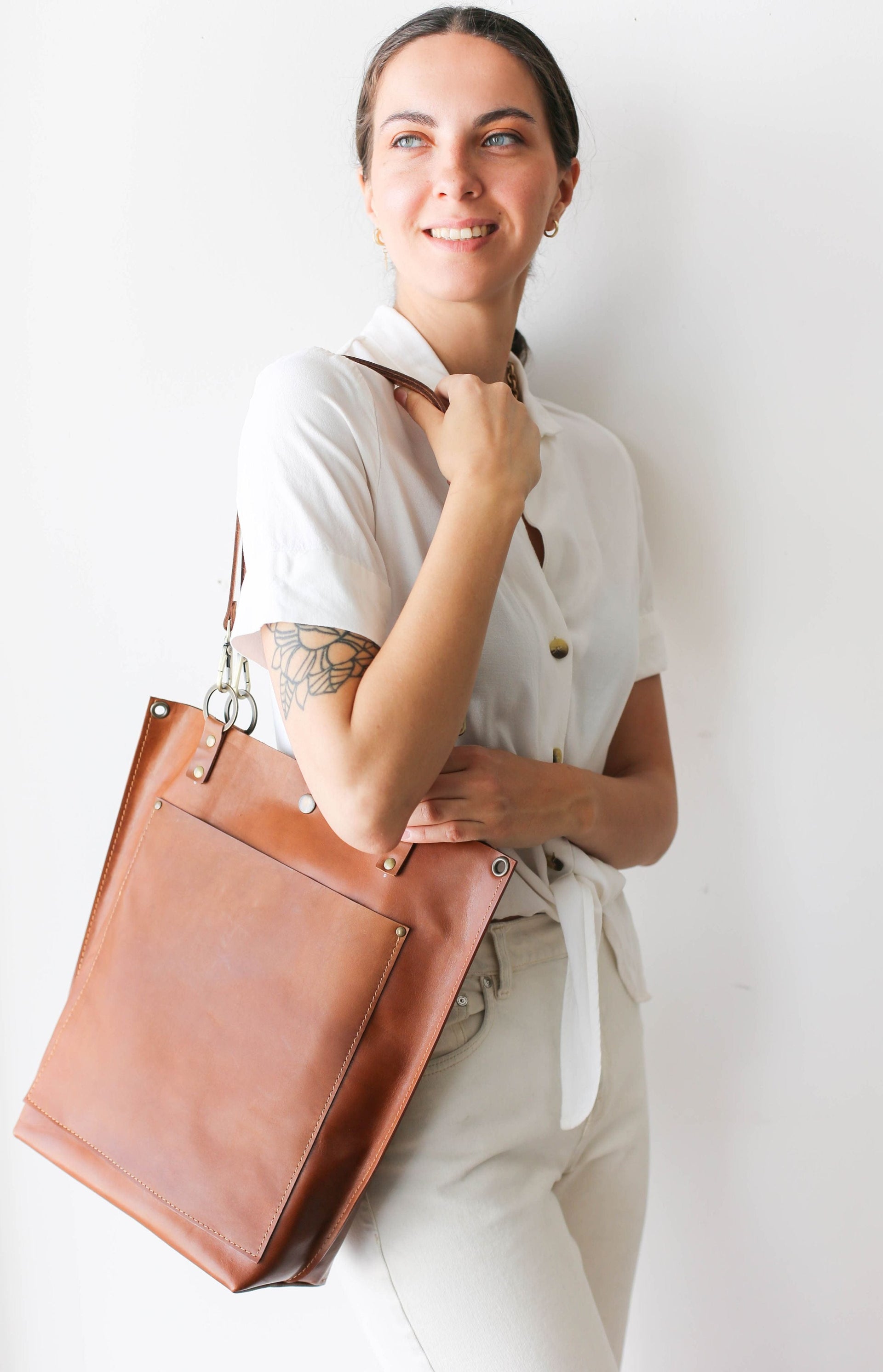 brown leather tote bag for women