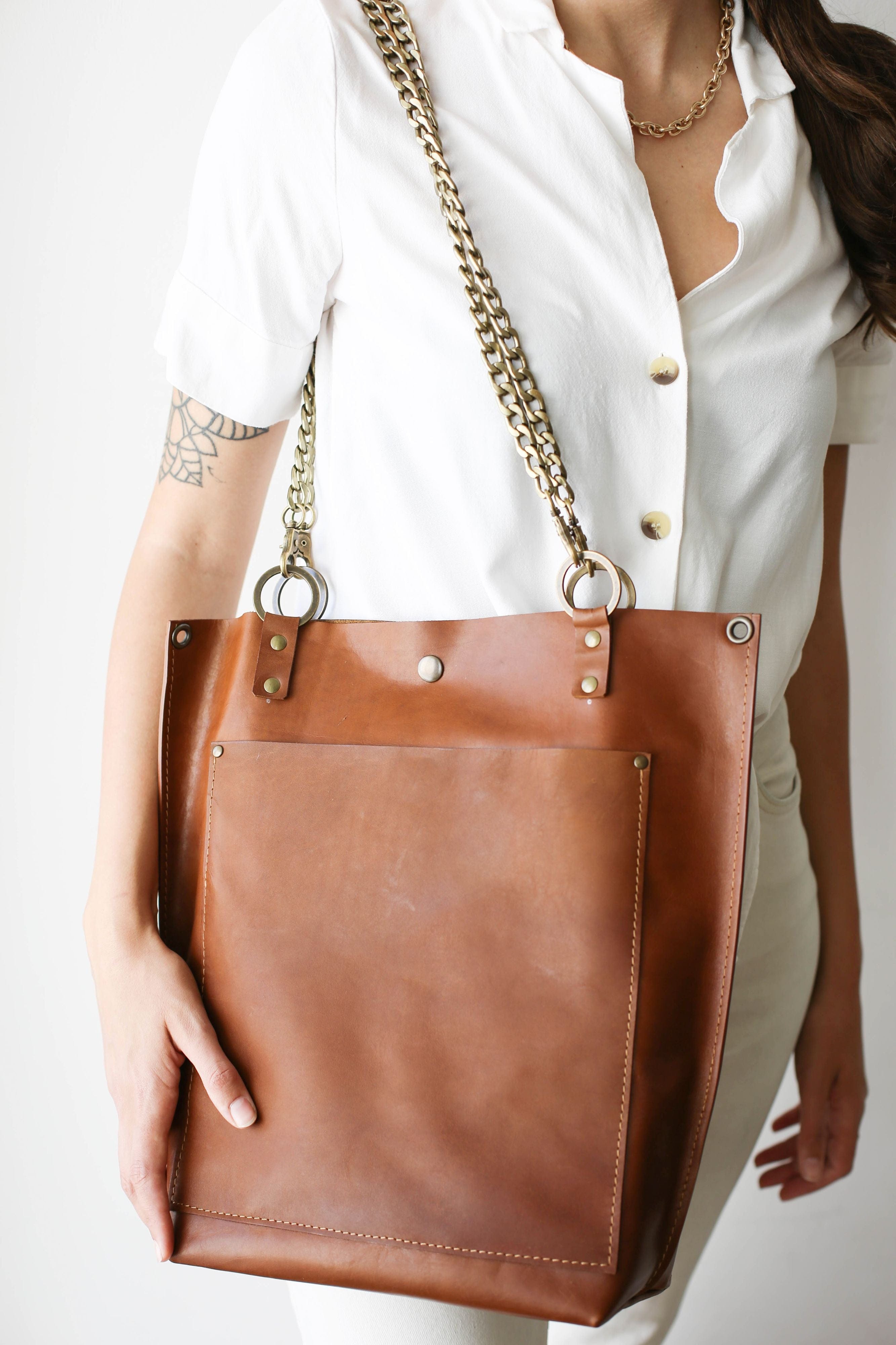 brown leather tote bag