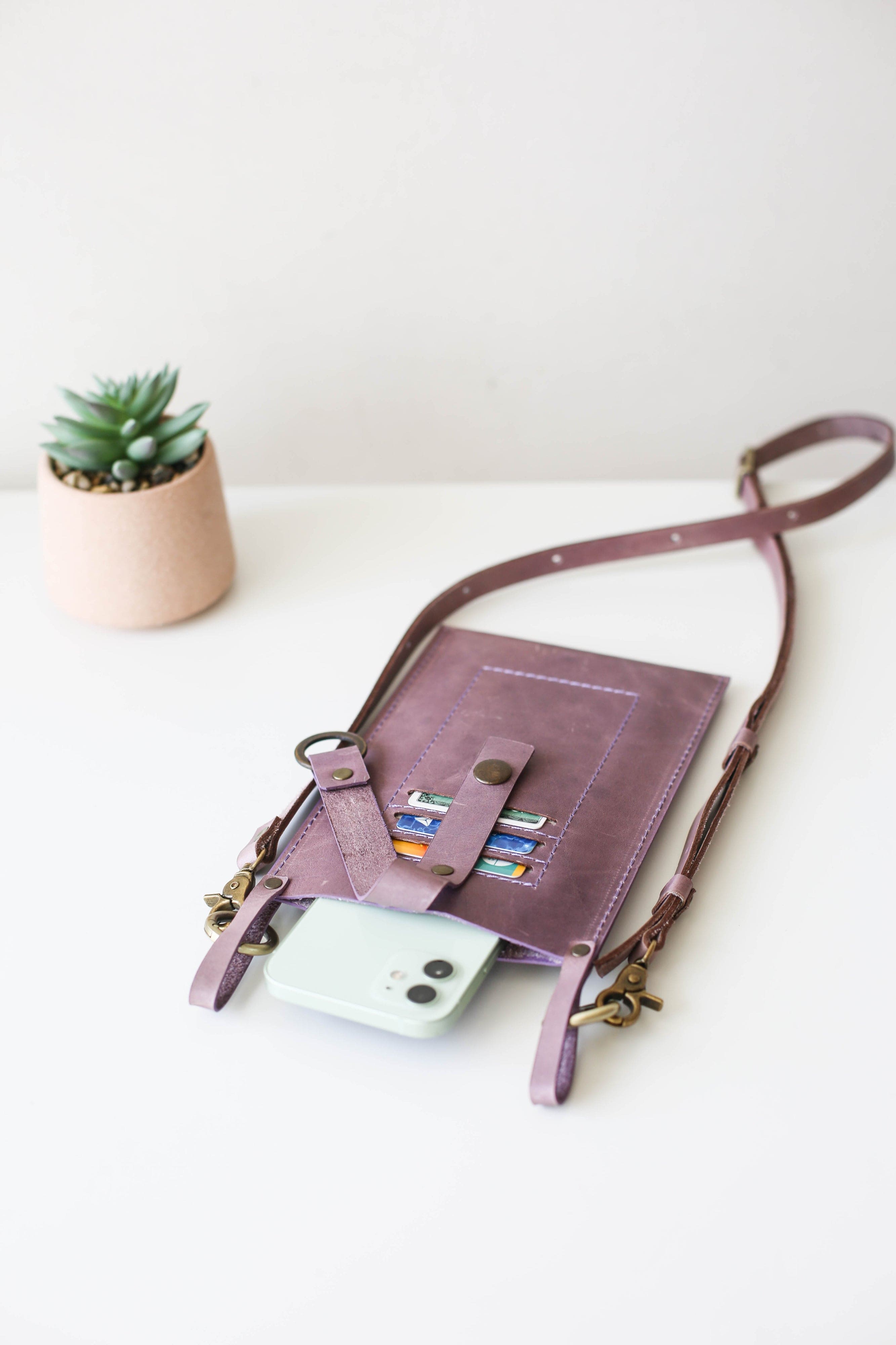 RFID Leather Phone Crossbody Bag w/Key Chain - Deep Violet and Fawn Phone Sling 2024