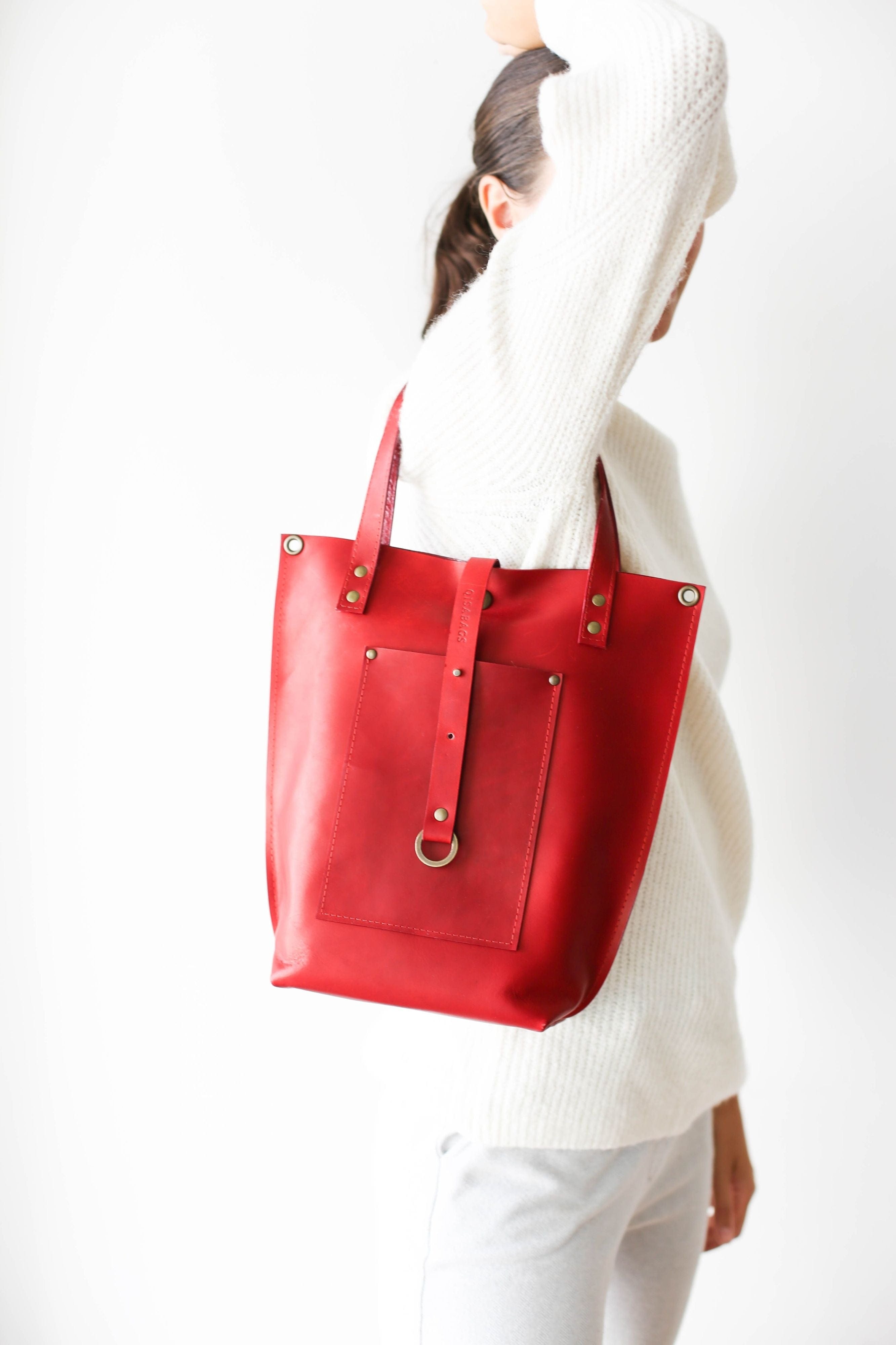 Red Leather Tote Bag Red Leather Purse Qisabags