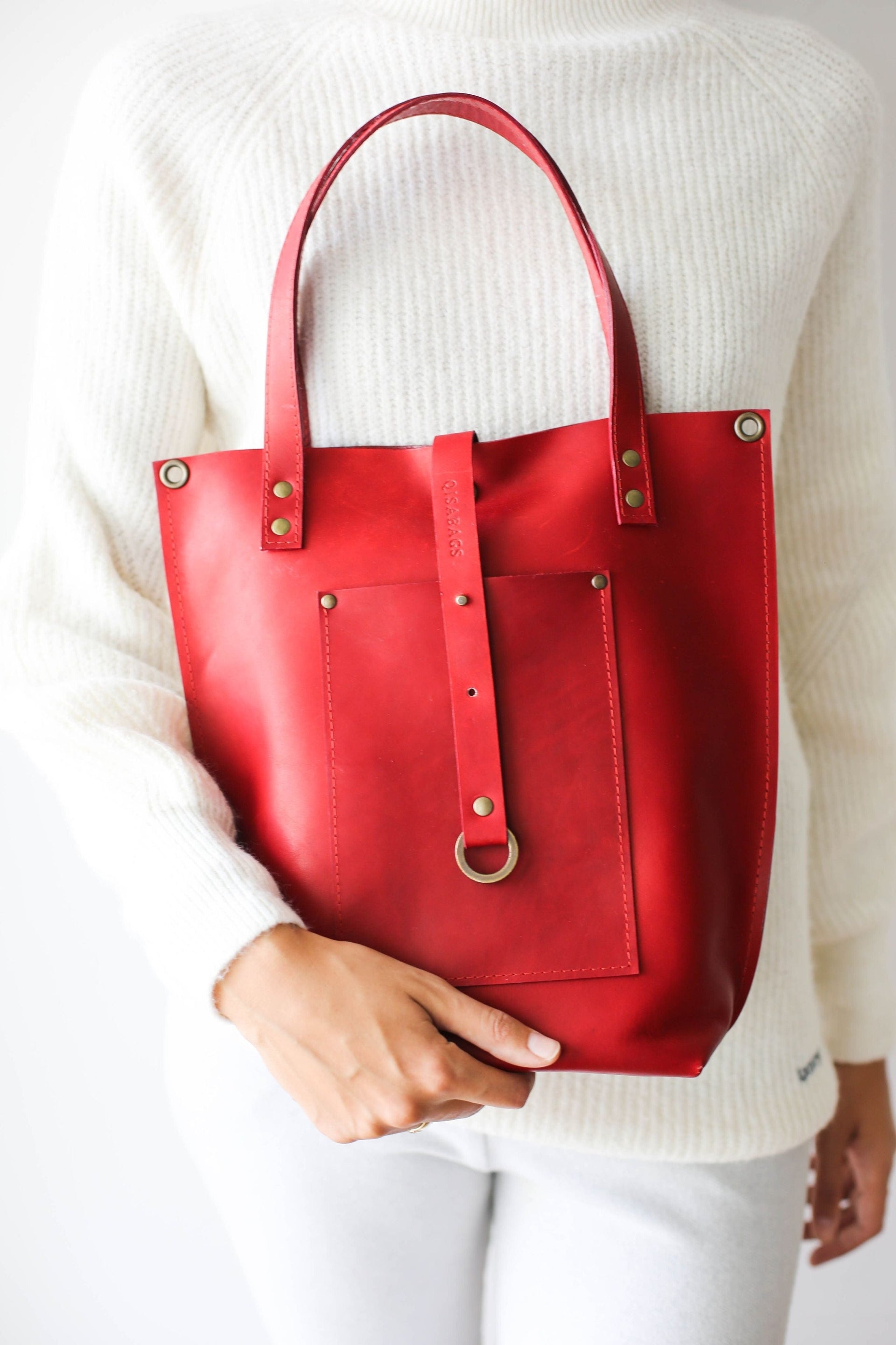 red leather tote bag 