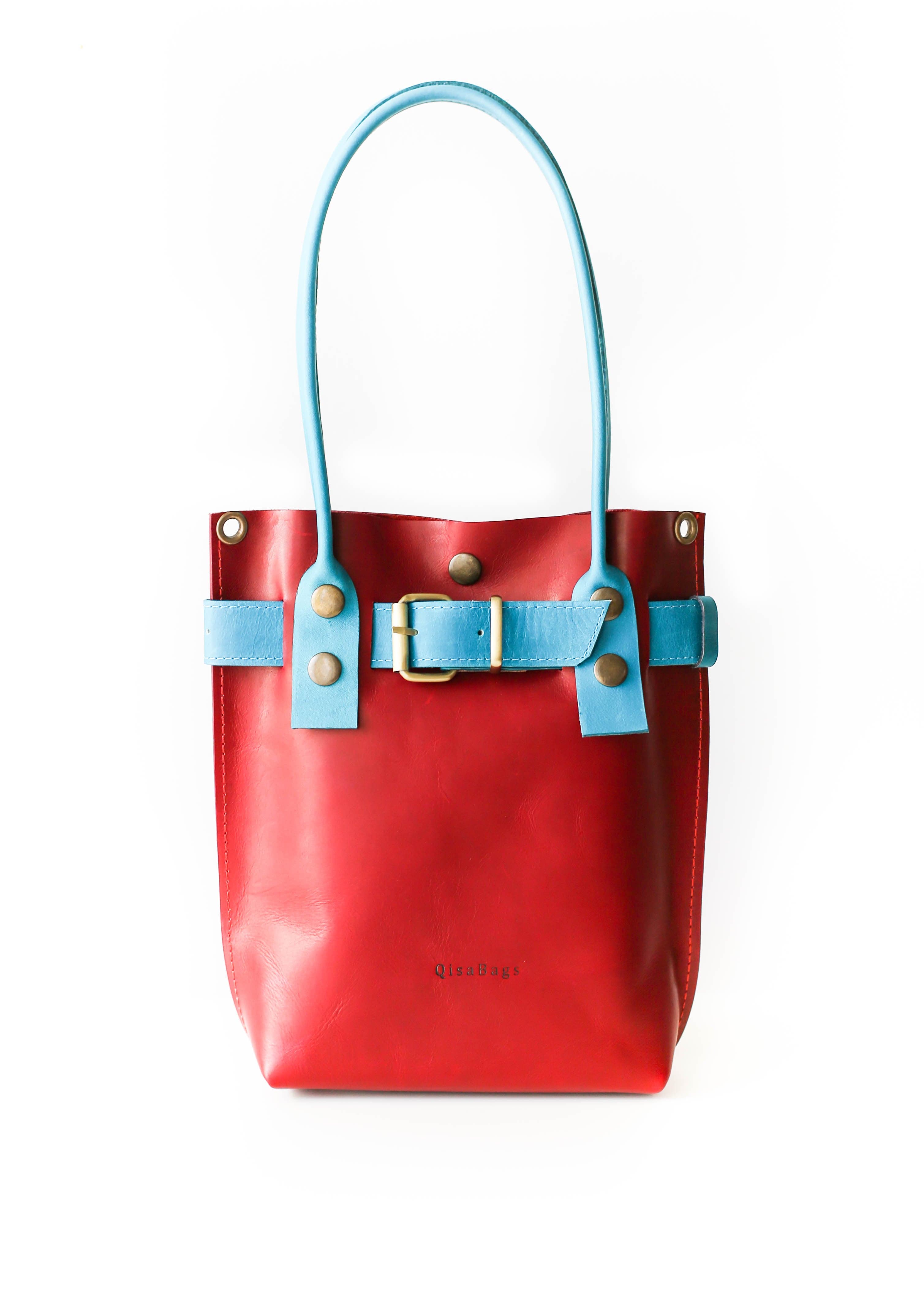 Red and blue handbag on sale