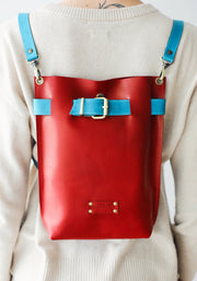 Red leather backpack for women
