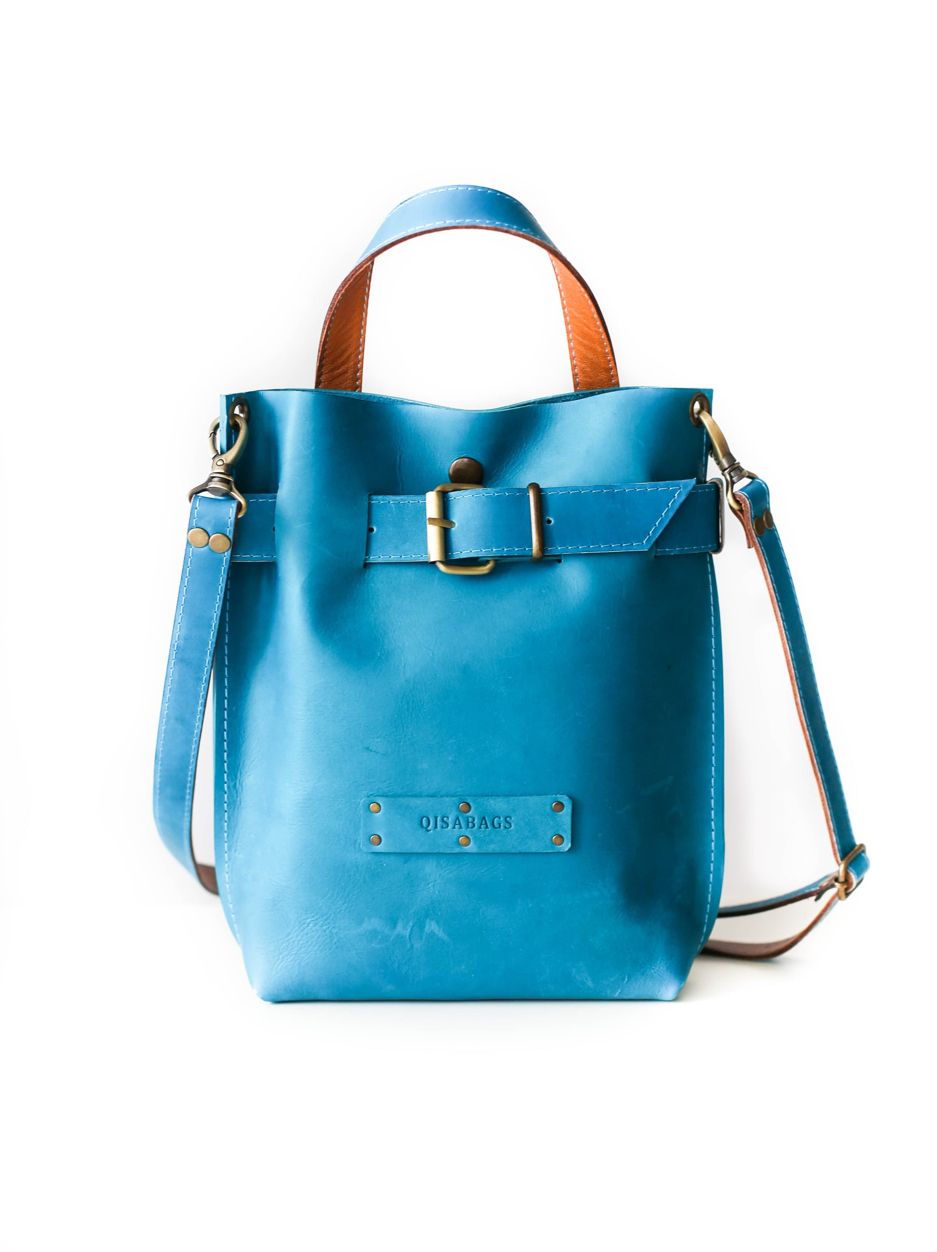 Blue leather designer bag