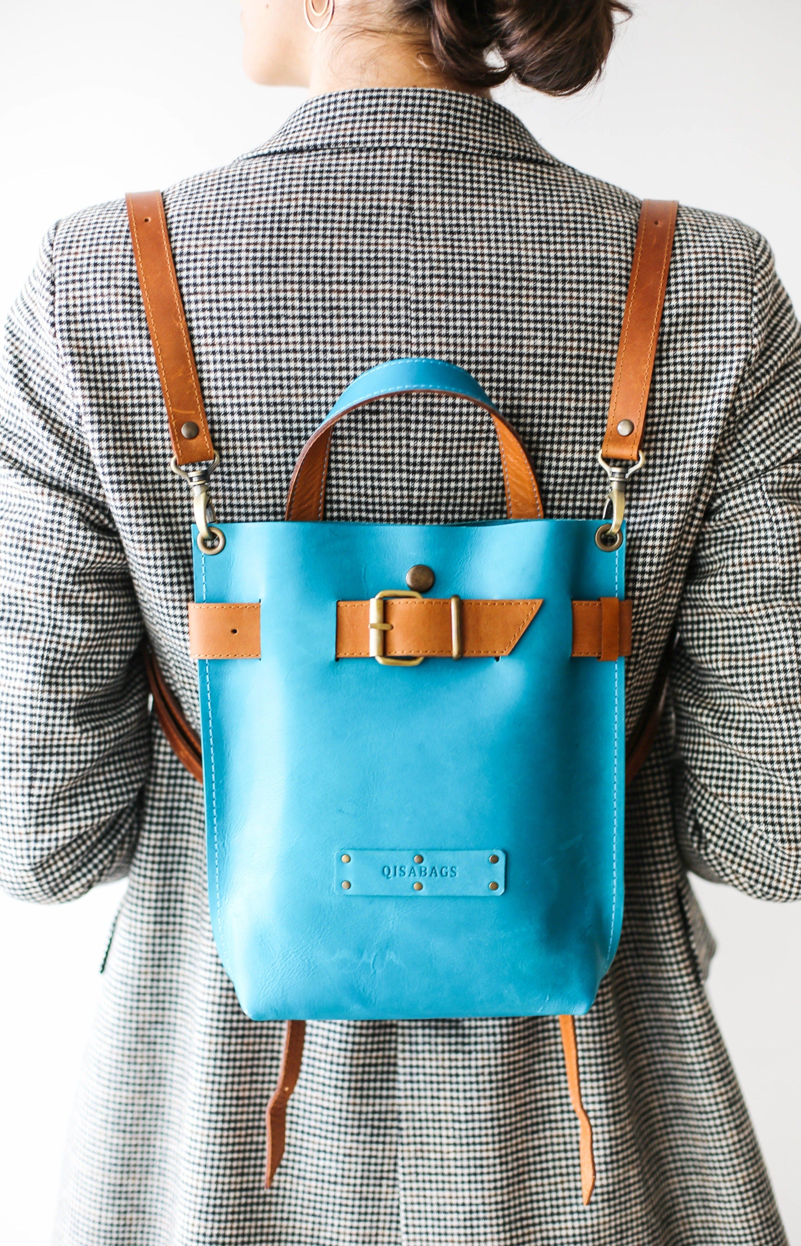 Blue leather backpack purse