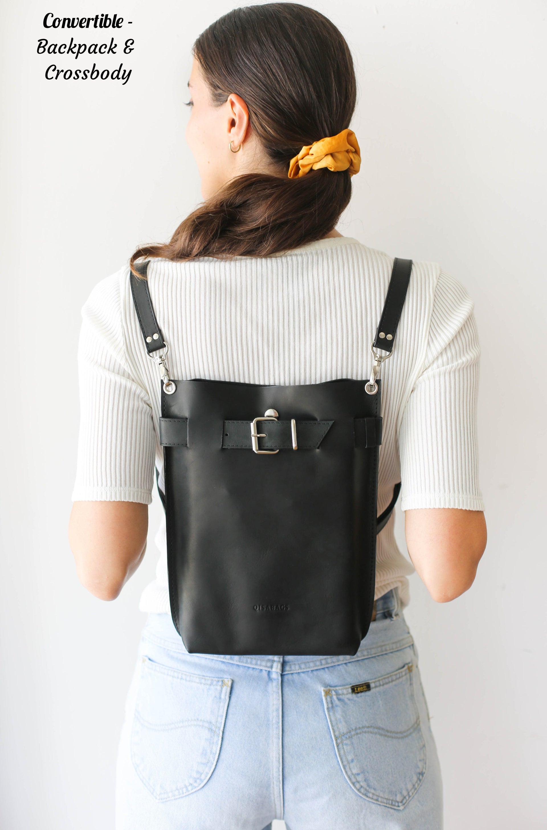 Handmade black leather backpack