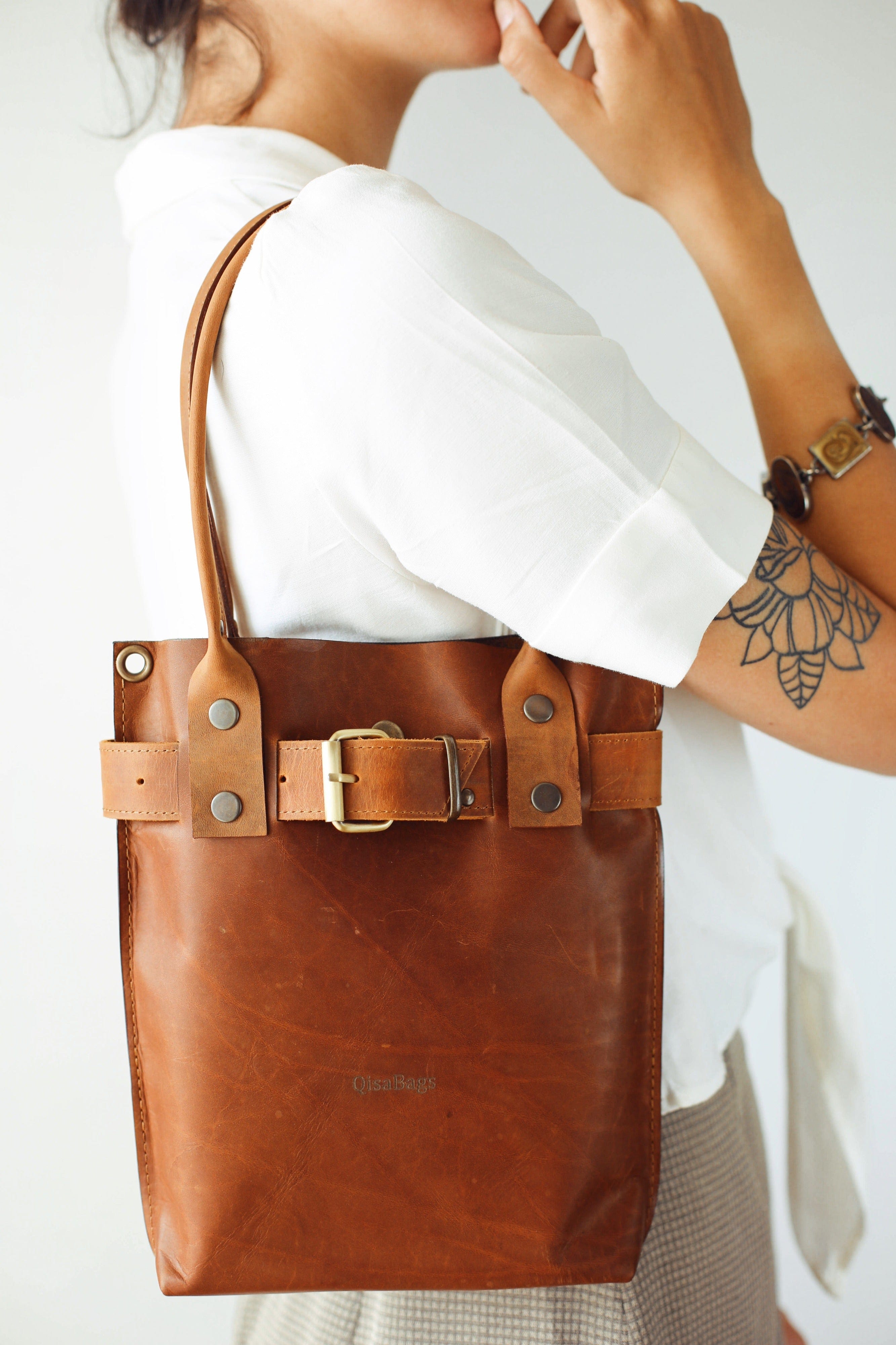 Brown leather handbag